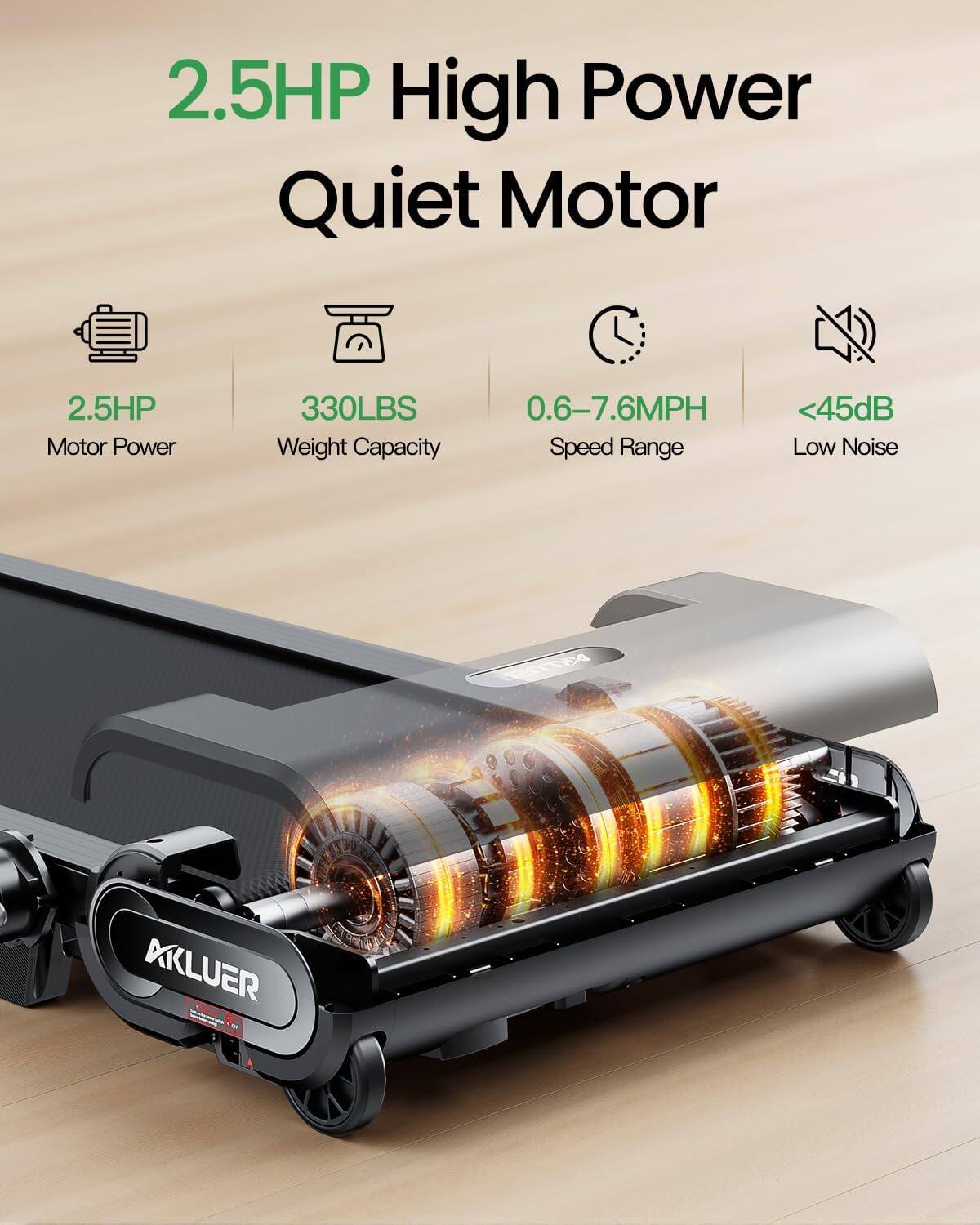 2.5HP High Power Quiet Motor

- 2.5HP Motor Power
- 330LBS Weight Capacity
- 0.6-7.6MPH Speed Range
- <45dB Low Noise

TTN AKLUER