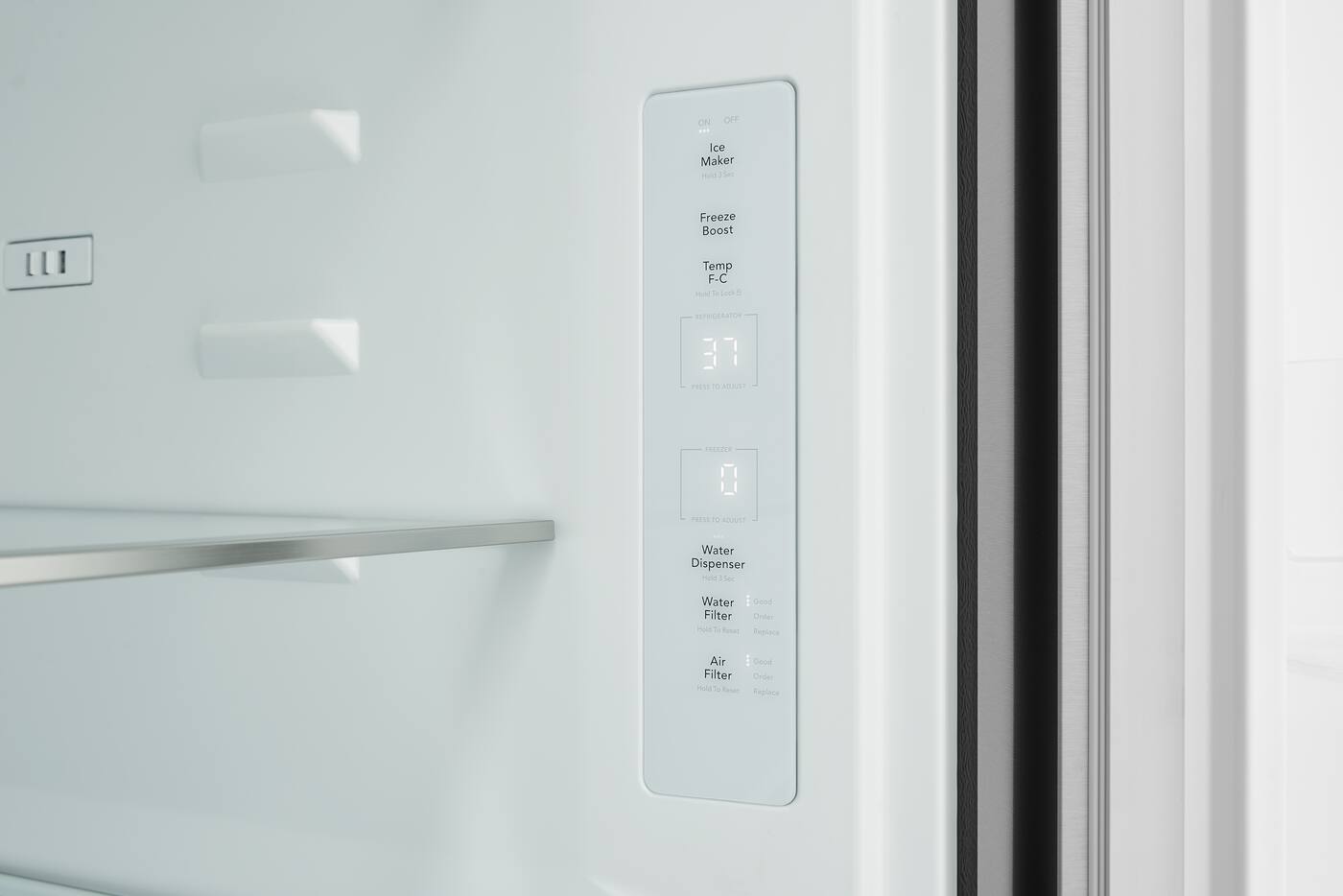 ON OFF Ice Maker Freeze Boost Temp F-C Luc a 37 PREES .o ADOUZST 1 PRETS TE AbouST Water Dispenser er Water i Good Filter Order mole to Kesal Replece Air Filter mode Te I Geod Order Raplase
