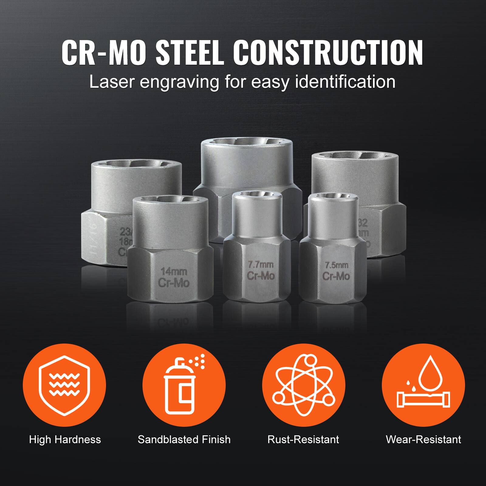 CR-MO STEEL CONSTRUCTION  
Laser engraving for easy identification  

11/16  
23 18n C  
14mm Cr-Mo  
7.7mm Cr-Mo  
32 m  
7.5mm Cr-Mo  

OLNO  

High Hardness  
Sandblasted Finish  
Rust-Resistant  
Wear-Resistant