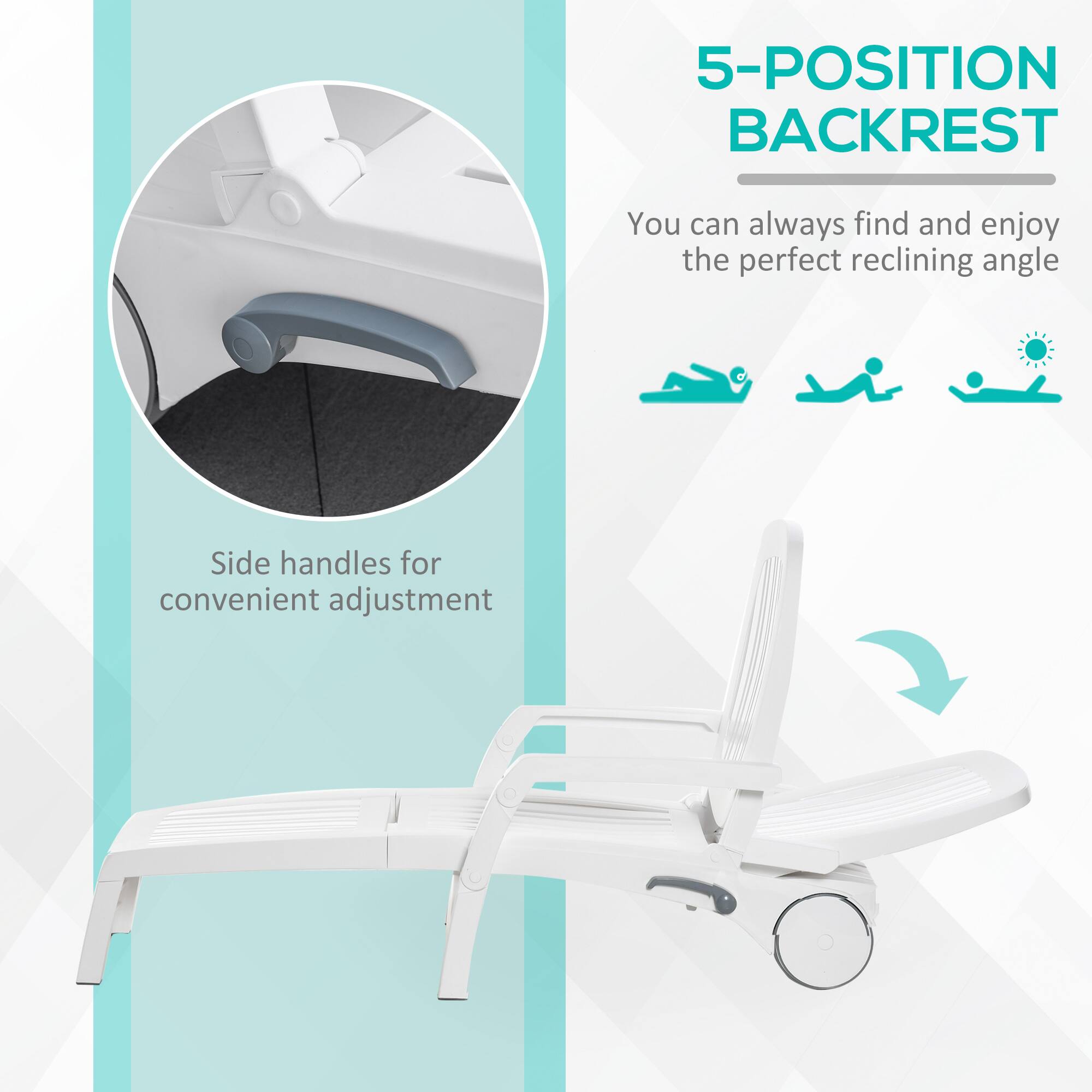 5-POSITION BACKREST
You can always find and enjoy the perfect reclining angle
Side handles for convenient adjustment