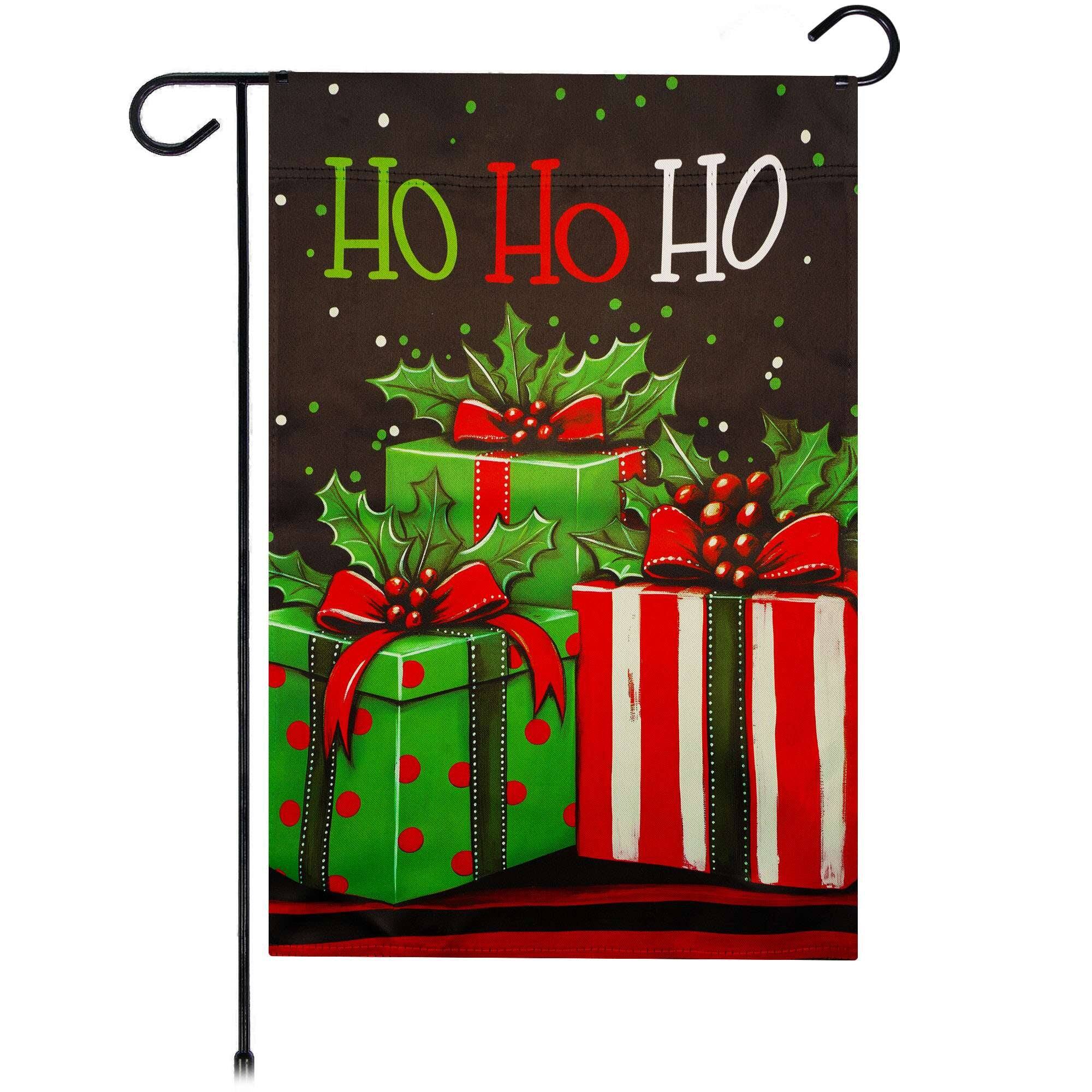 Front. G128 - G128 Ho Ho Ho Christmas Gift Box Garden Flag 12x18 In Double Sided Christmas Yard Garden Lawn Decoration - Green, Red, Black, White.