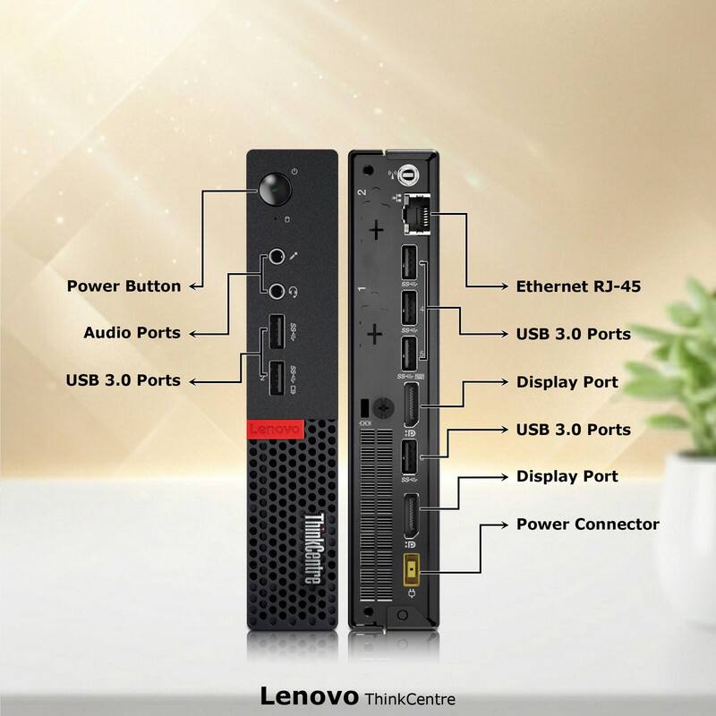 - Power Button
- Ethernet RJ-45
- Audio Ports
- USB 3.0 Ports
- Display Port
- Power Connector

Lenovo ThinkCentre