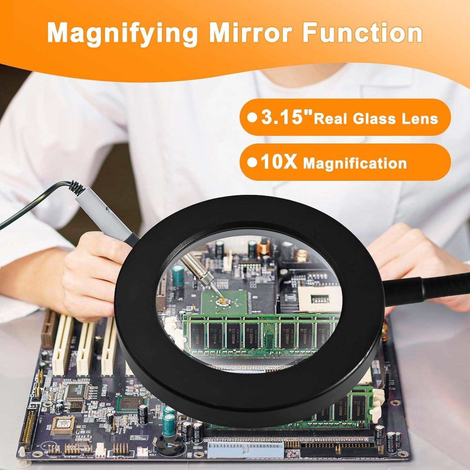 Magnifying Mirror Function

- 3.15" Real Glass Lens
- 10X Magnification