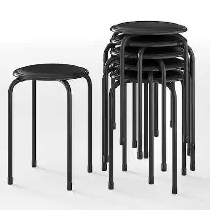 Front. Vecelo - 6-Pack Steel Stack Stools, Portable Stackable Backless School Stools with Pu Leather, Round Classroom Decoration Stools - Black.