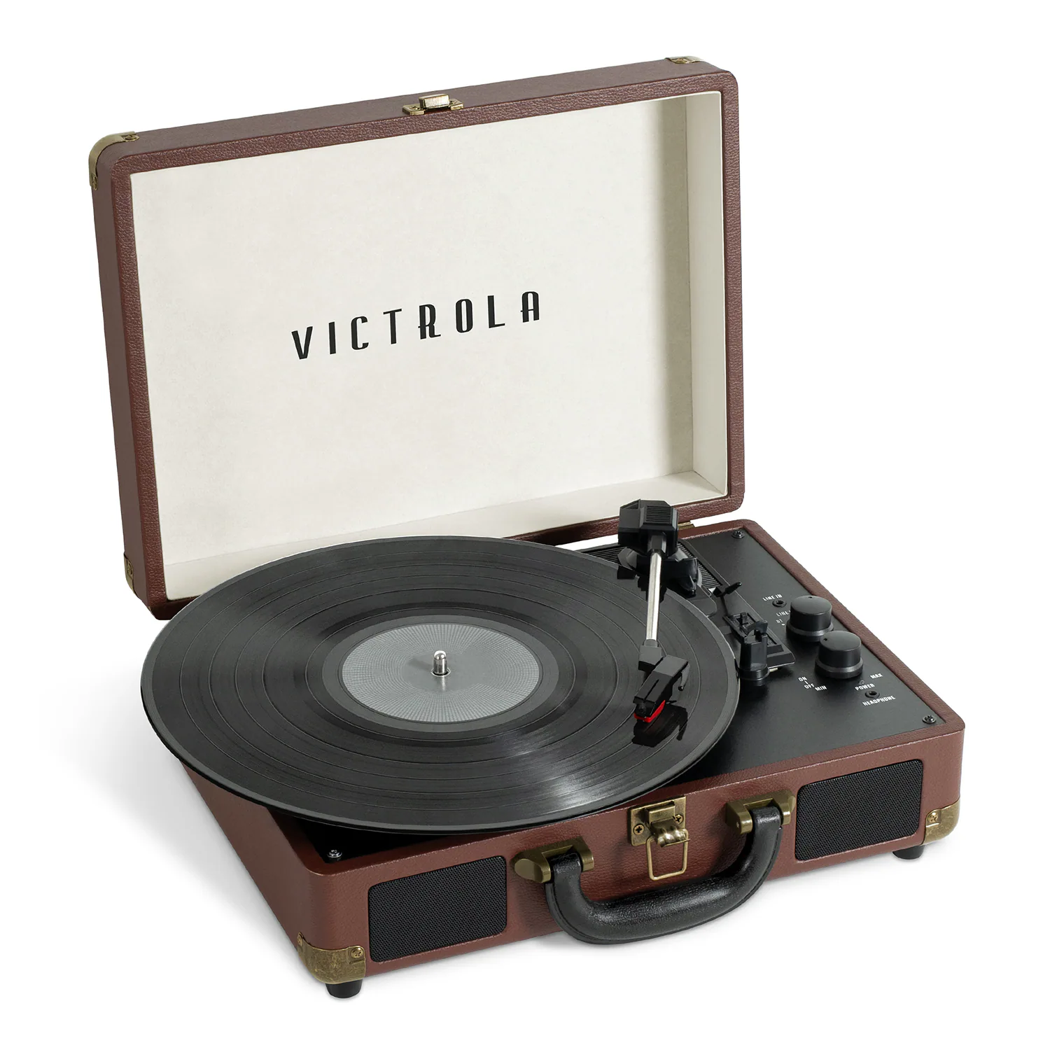 Front. Victrola - Bluetooth Suitcase Record Player with 3-speed Turntable - Dark Brown.
