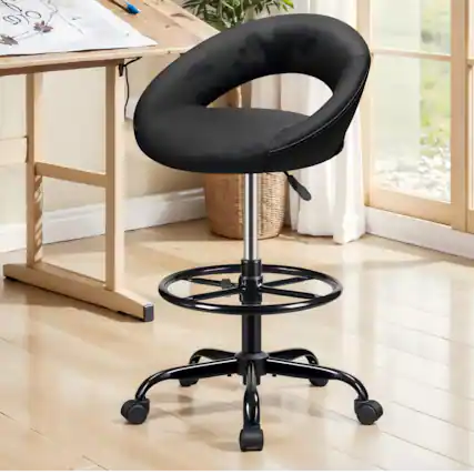 Front. Brick Attic - Drafting Office Chair, Height Adjustable Rolling Bar Stool with Foot Rest,Tall 360° Swivel Stool PU Leather Chair - Black.