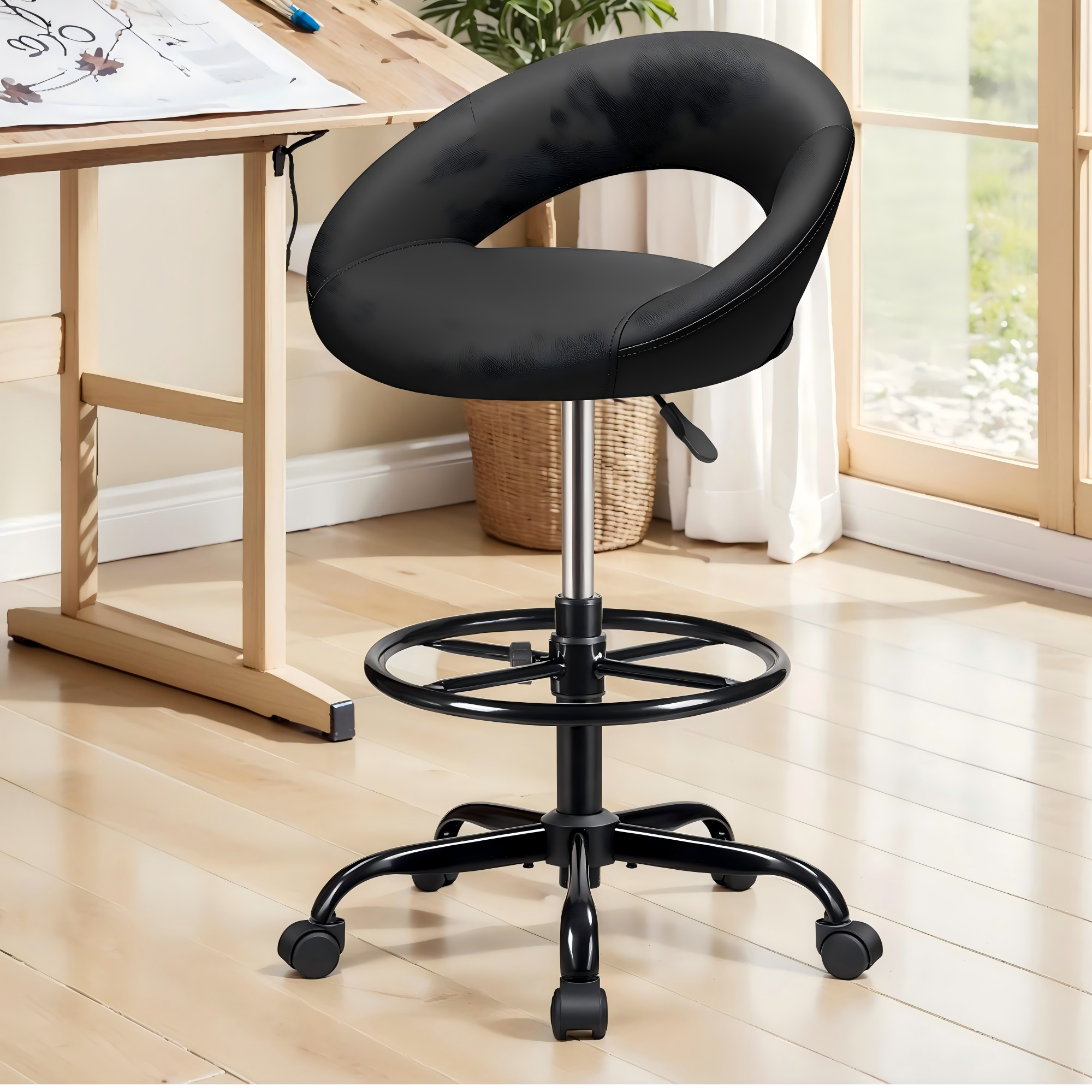 Brick Attic - Drafting Office Chair, Height Adjustable Rolling Bar Stool with Foot Rest,Tall 360° Swivel Stool PU Leather Chair - Black