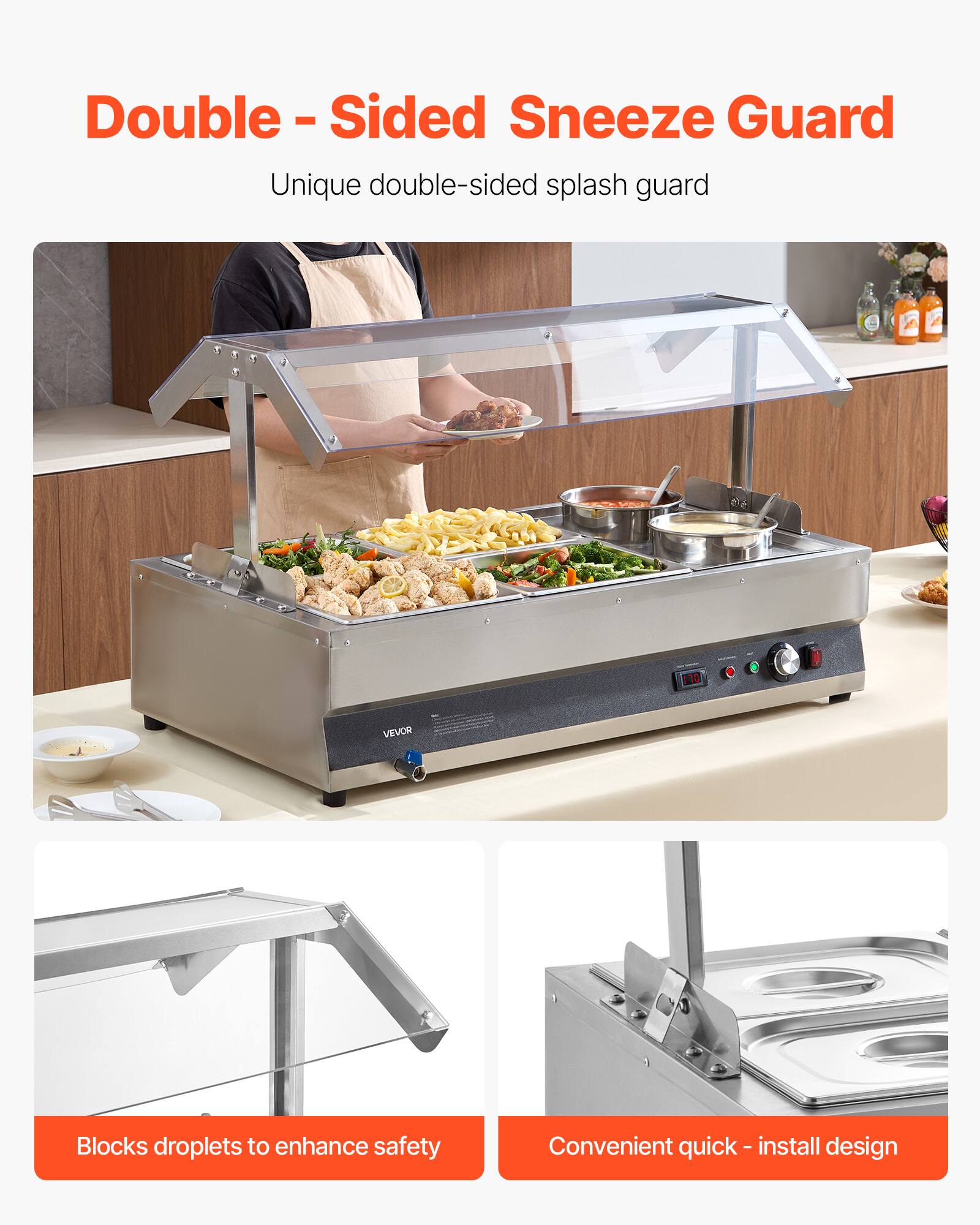 Double - Sided Sneeze Guard  
Unique double-sided splash guard  

Blocks droplets to enhance safety  

Convenient quick-install design