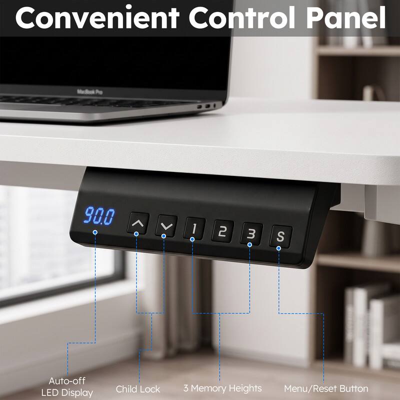Convenient Control Panel

Pe 90.0

1 2 3 S

Auto-off LED Display Child Lock 3 Memory Heights Menu/Reset Button