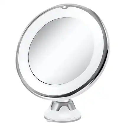 Front. MOVSSOU - 10x Magnifying Mirror Lighted 360 Rotation with Suction Cup - White.