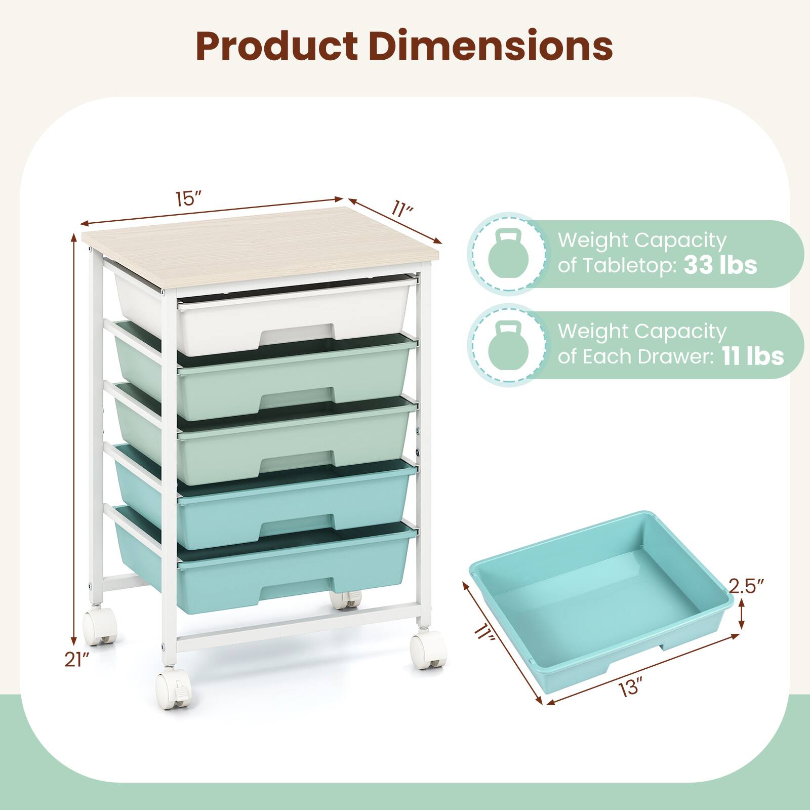 Product Dimensions

- Width: 15"
- Depth: 11"
- Height: 21"
- Drawer Dimensions: 13" x 11" x 2.5"

Weight Capacity
- Tabletop: 33 lbs
- Each Drawer: 11 lbs