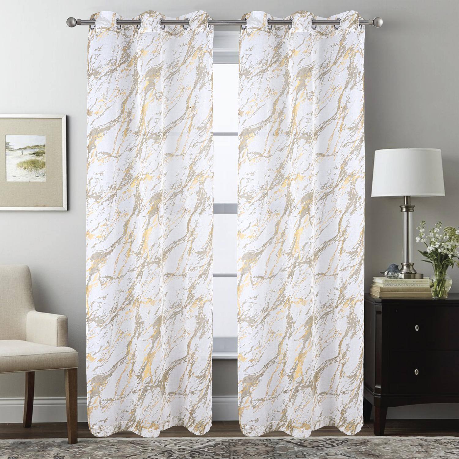 Angle. RT Designers Collection - RT Designers Collection Marble Grommet Metallic Sheer Printed Doily Curtain Panel 54" x 84" Taupe - Taupe.