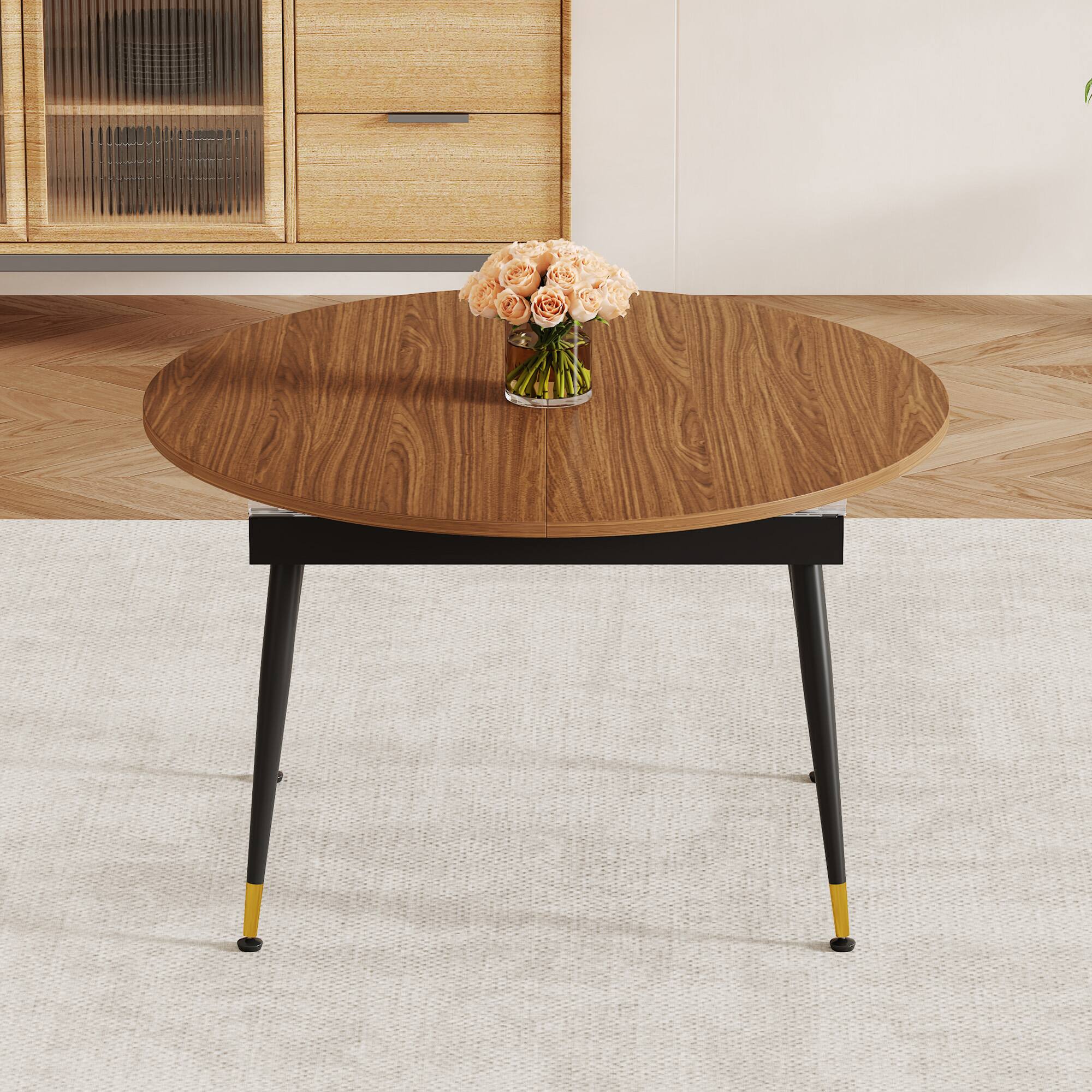 Left. Loheer - Loheer- Walnut Oval Extendable Dining Table 6.56x3.93x2.42 ft Modern Expandable Kitchen Table Seats Ten with Metal Legs - Black,Walnut.
