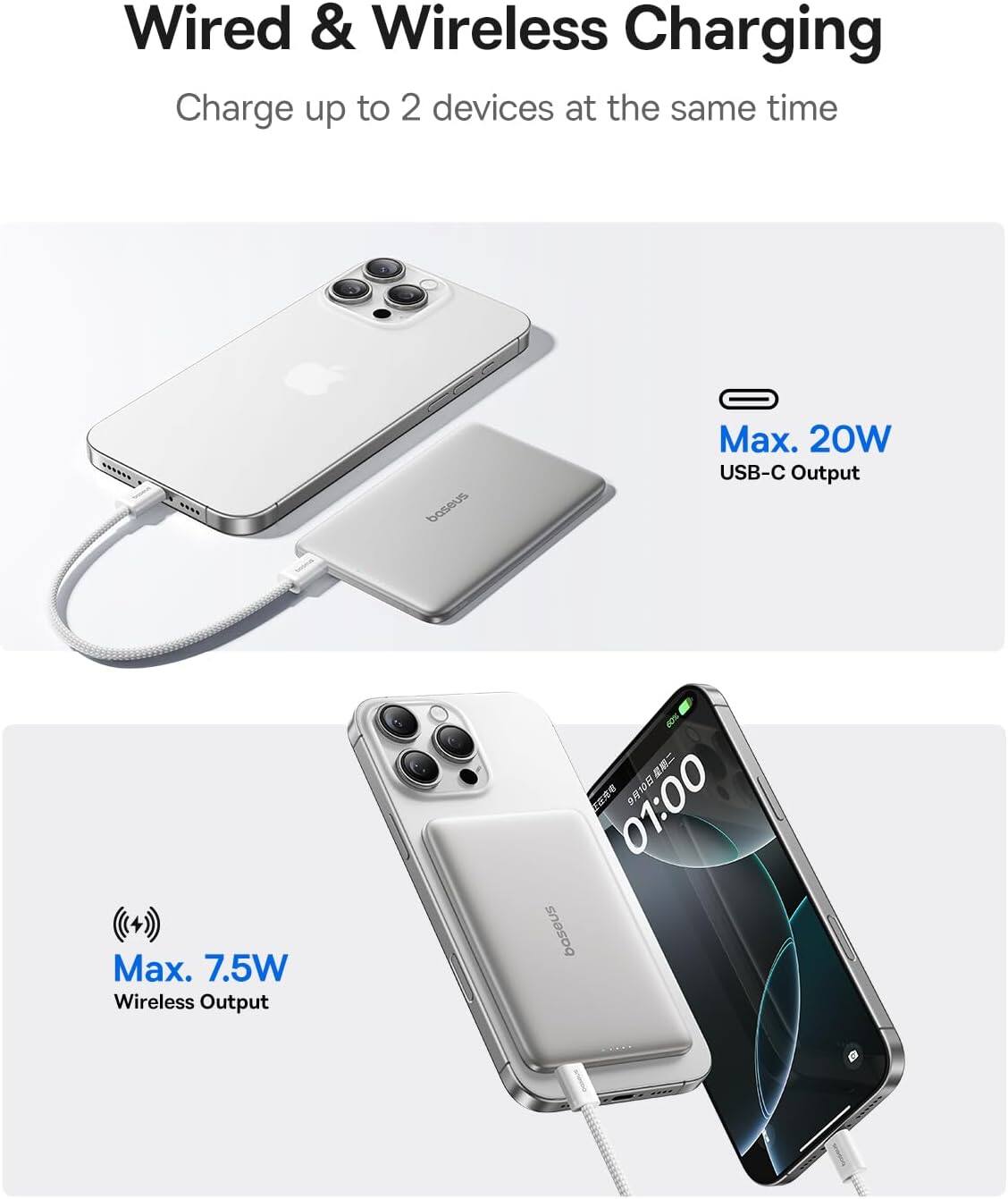 Wired & Wireless Charging Charge up to 2 devices at the same time
Max. 20W USB-C Output
Max. 7.5W Wireless Output