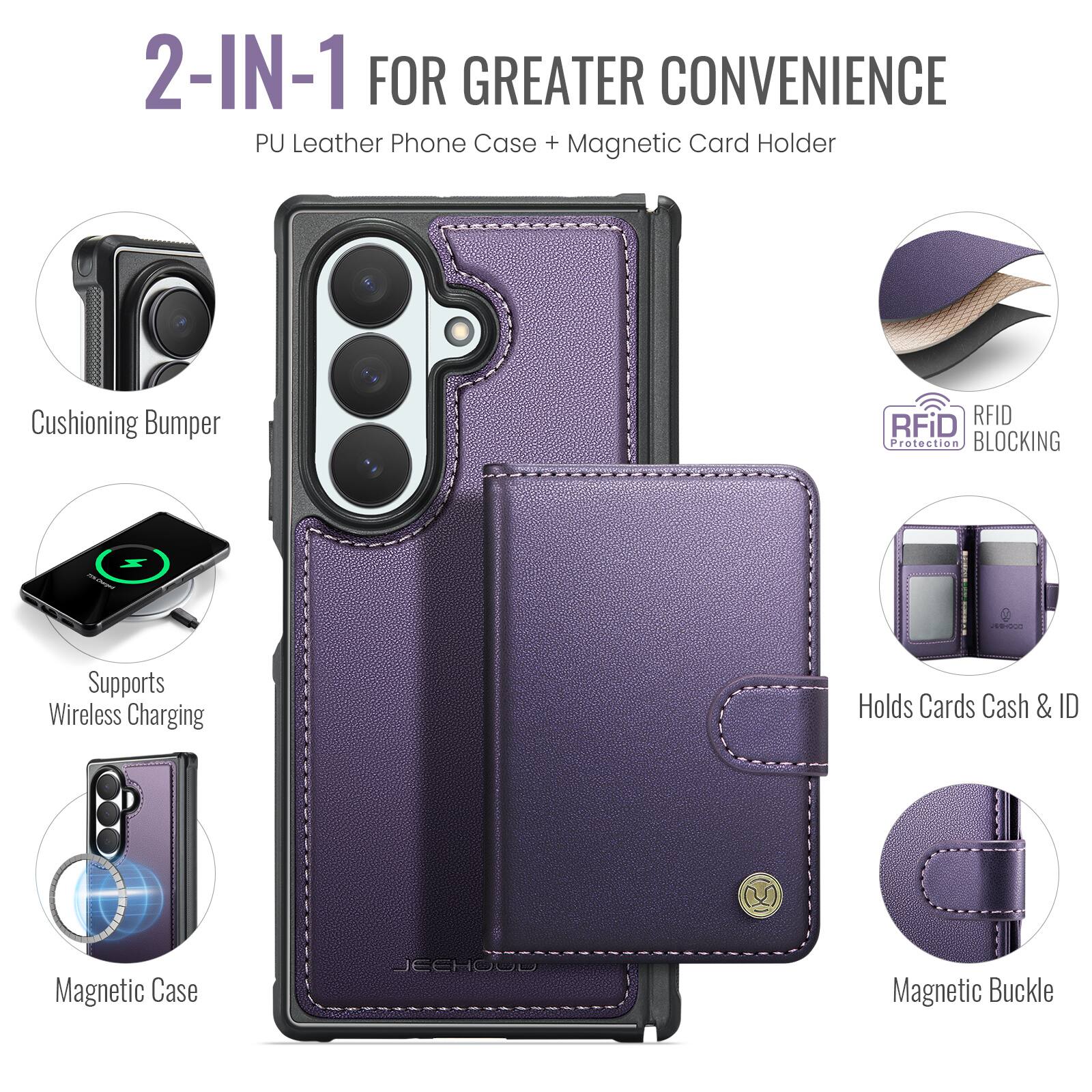 2-IN-1 FOR GREATER CONVENIENCE  
PU Leather Phone Case + Magnetic Card Holder

- Cushioning Bumper
- RFID Protection BLOCKING
- Supports Wireless Charging
- Holds Cards Cash & ID
- Magnetic Case
- Magnetic Buckle