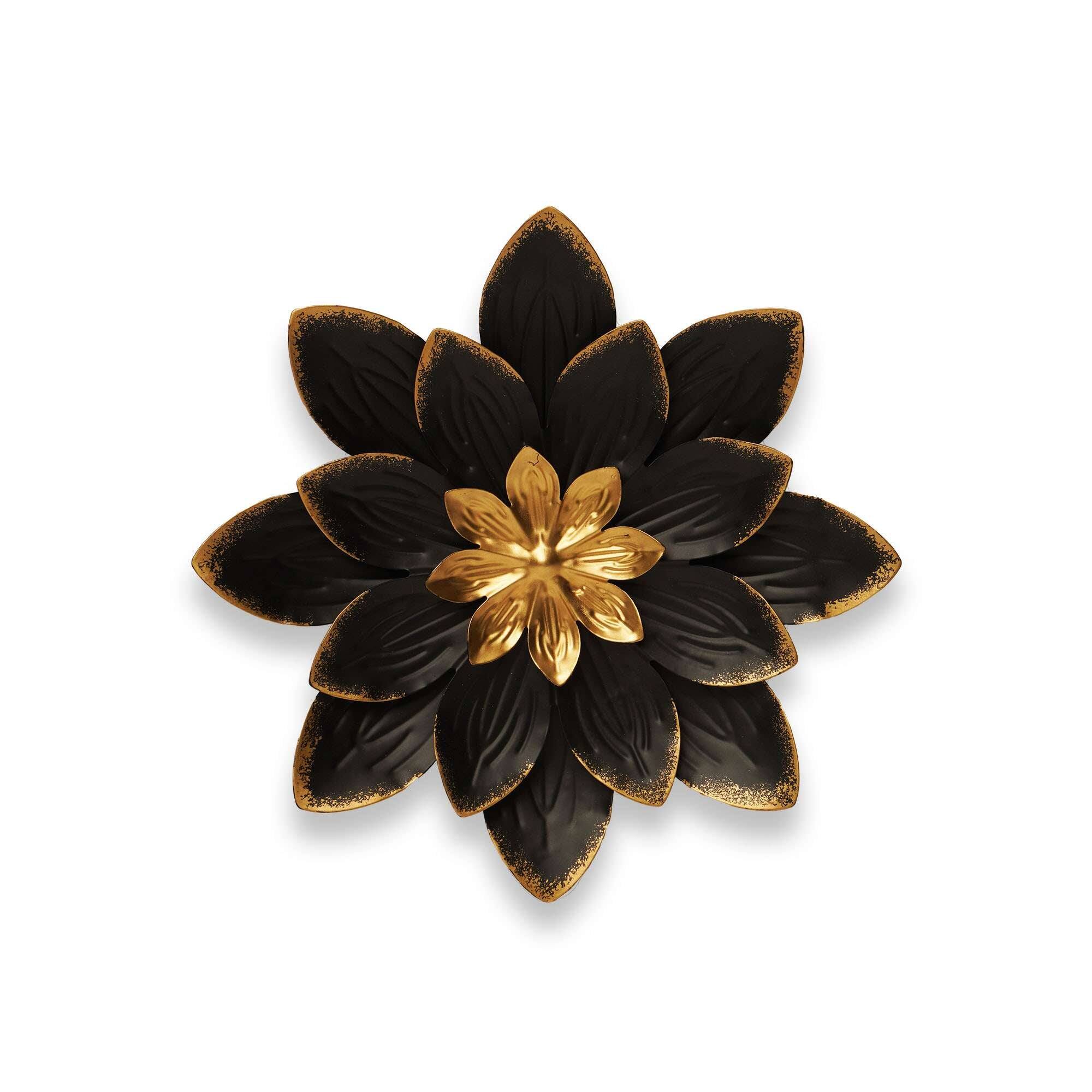 Front. G128 - 9 IN Floral Metal Wall Art - Elegant Flower Wall Hanging for Living Room Bedroom Office Patio - Black and Gold.