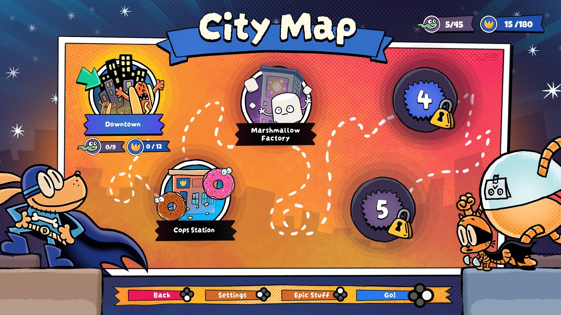 City Map 5/45 15/180 Downtown 0/9 o 0/12 I Marshmallow Factory 4 Cops Station 5 1 Back Settings Epic Stuff Go!