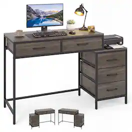 Costway - Computer Desk with 5 Drawers, 51 Inch Home Office Desk with Reversible Drawers - Oak
