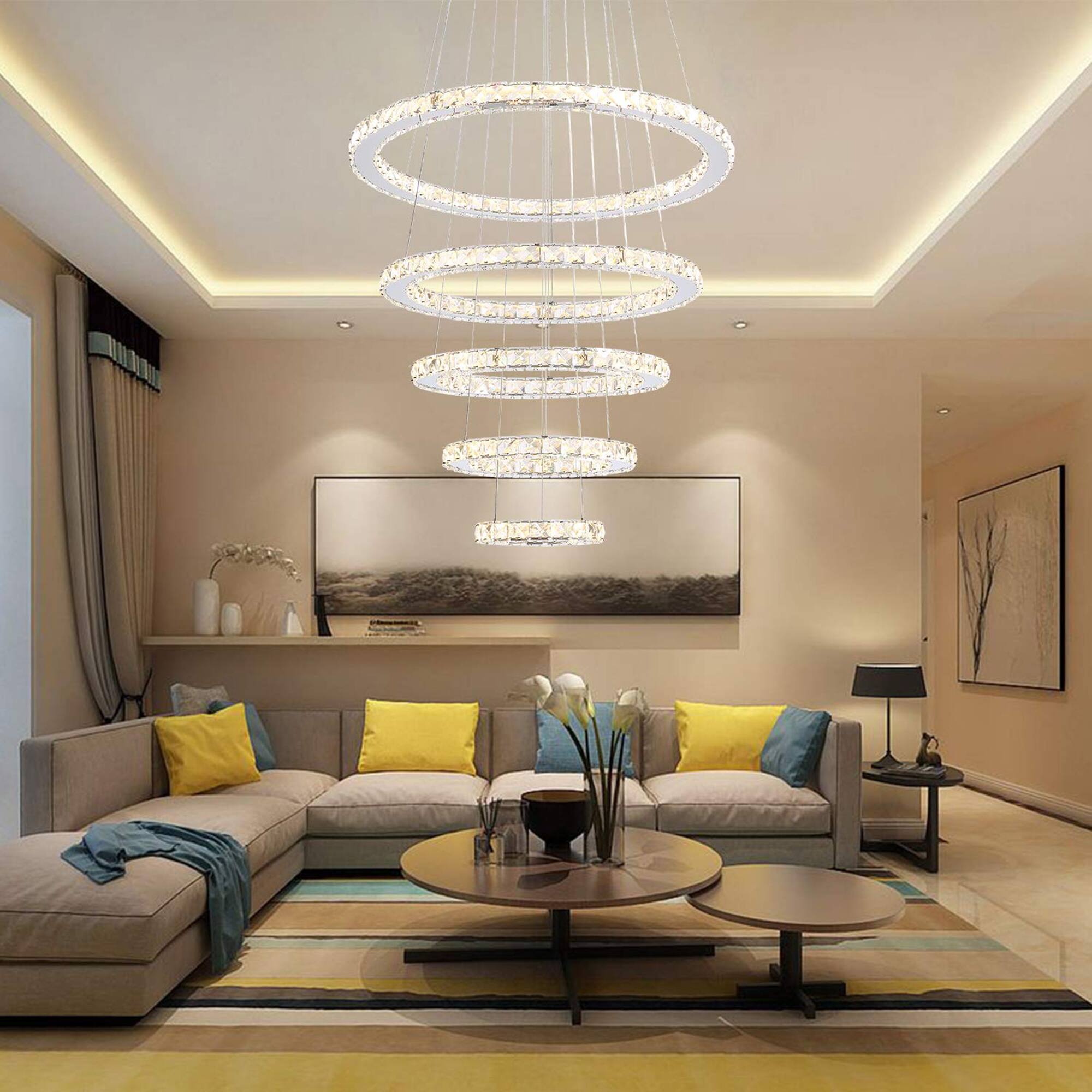 Back. Siljoy - 118" 5-Ring Modern Crystal LED Chandelier, 3 Color Temperature Adjustable Pendant Light for Foyer Staircase Living Room - Chrome.