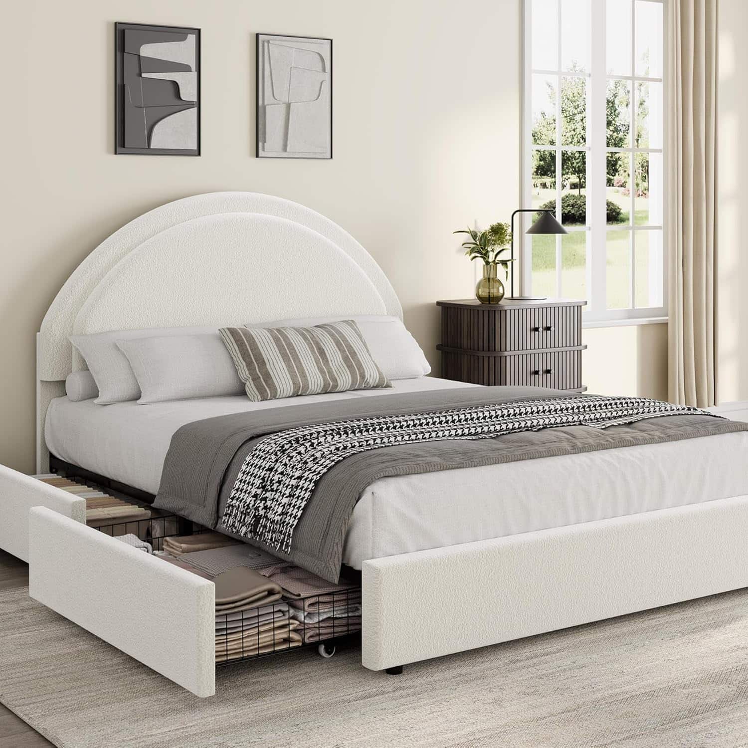 Qeetex - Full Bed Frame with Storage Drawers, Upholstered Boucle - White