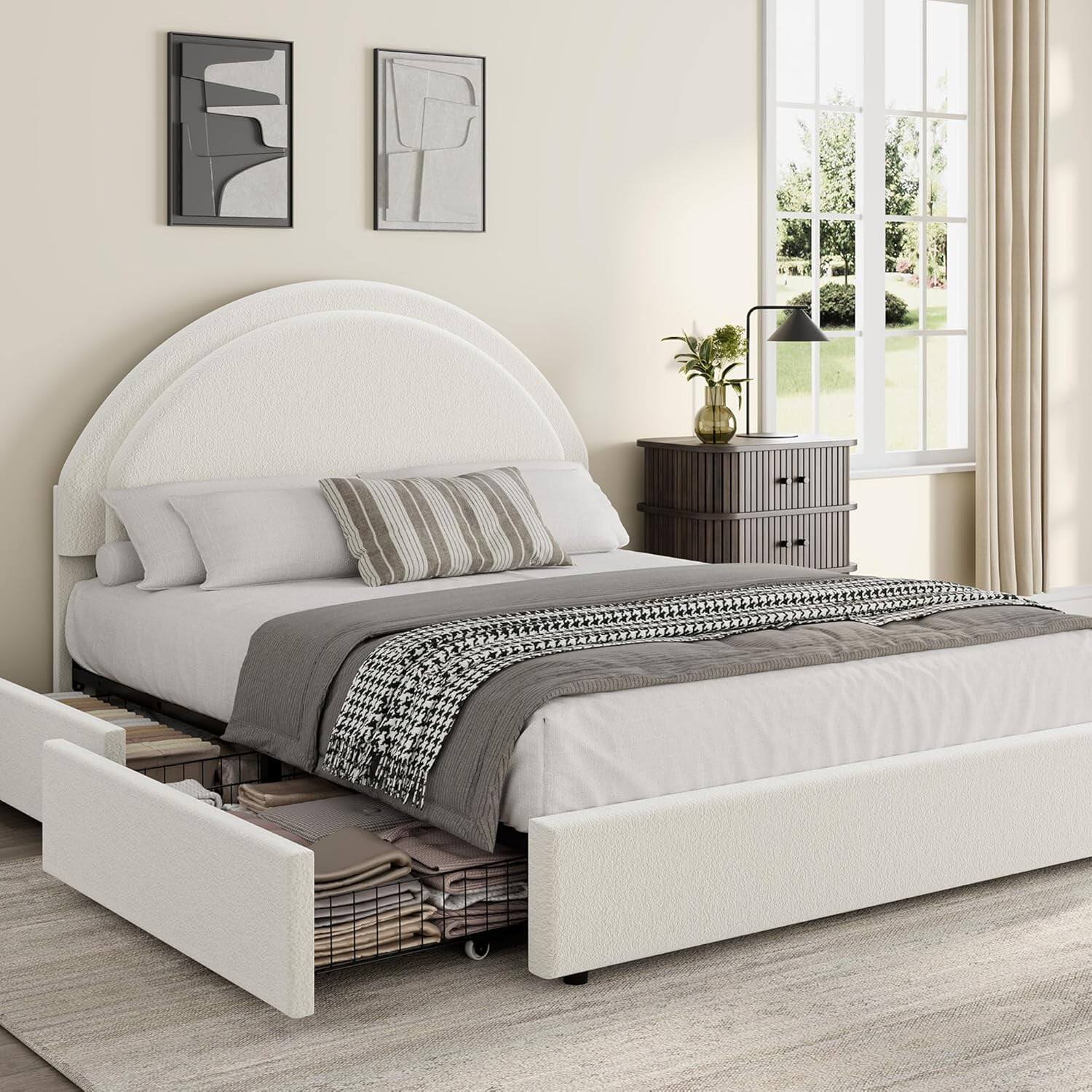 Front. Qeetex - Full Bed Frame with Storage Drawers, Upholstered Boucle, White - White.