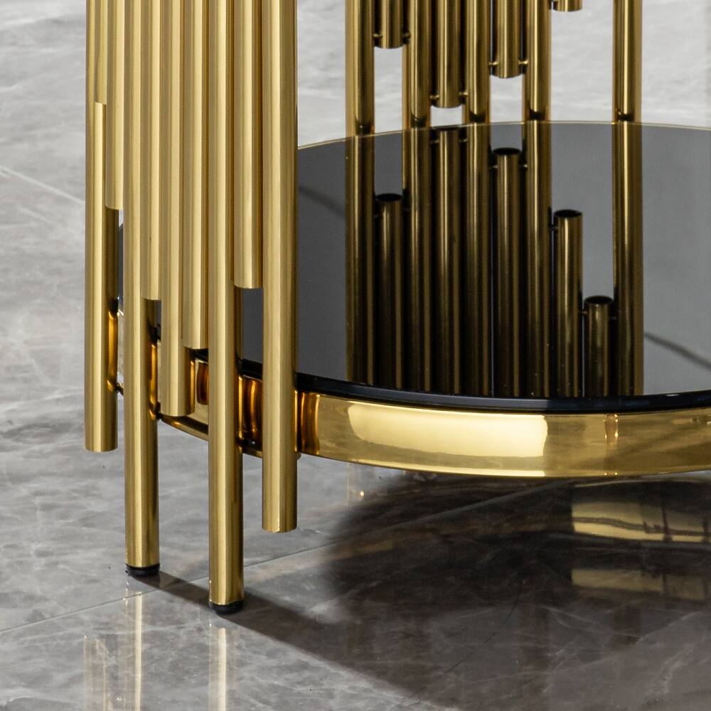 Alt View 3. Loheer - Loheer Round End Table Black Glass Side Table Gold Metal Frame - Black.