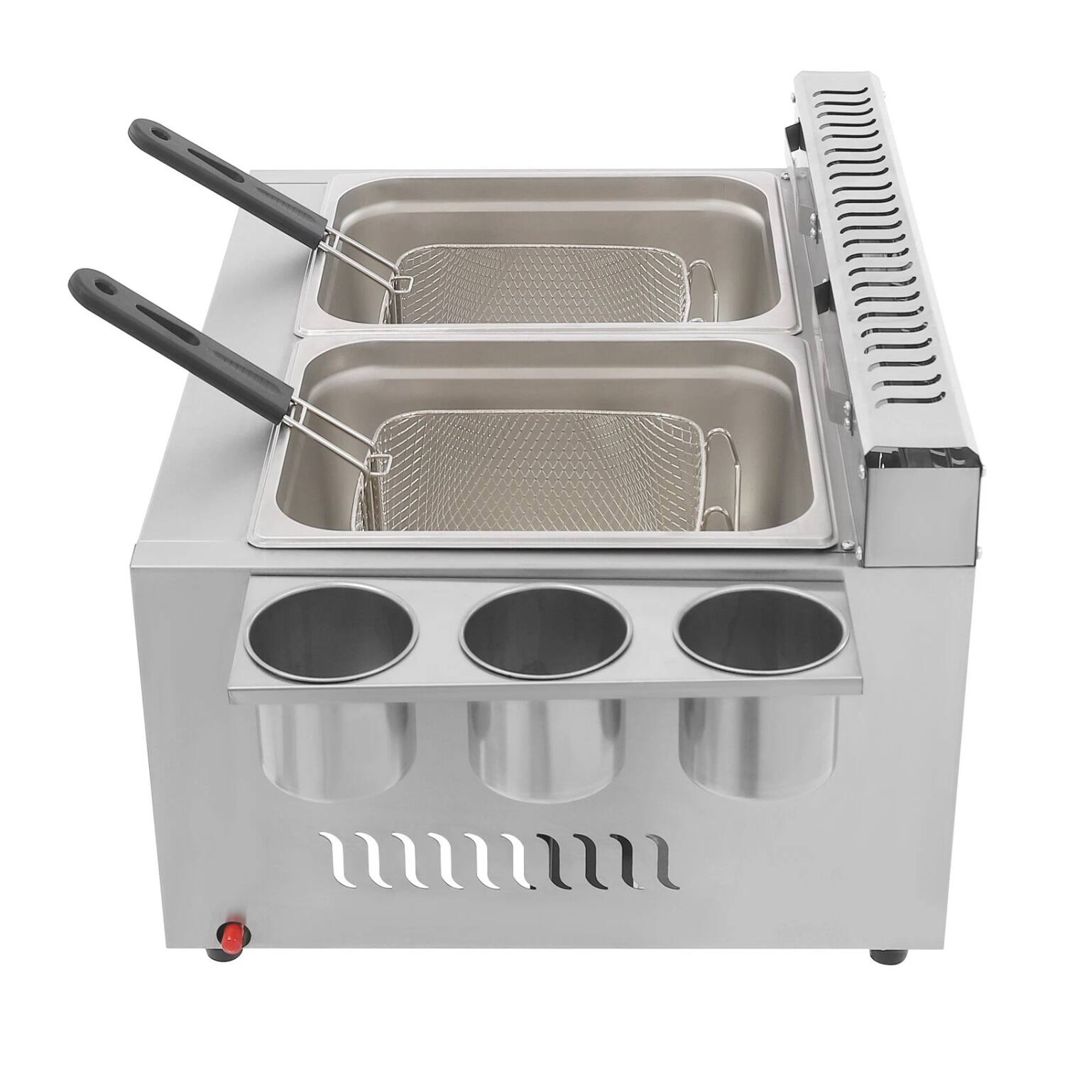 Left. Stock Preferred - 2-Basket Commercial Countertop Gas Deep Fryer - Silver.
