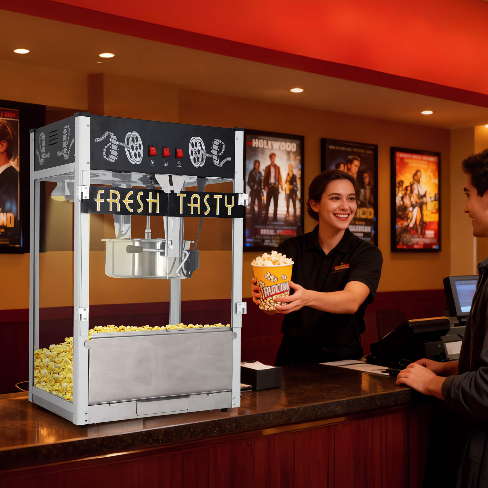 Tiramisubest - Commercial Popcorn Machine,30 Oz Kettle,1600 W,Movie Theater Tabletop Popcorn Machine with 3-Switch Control - Black