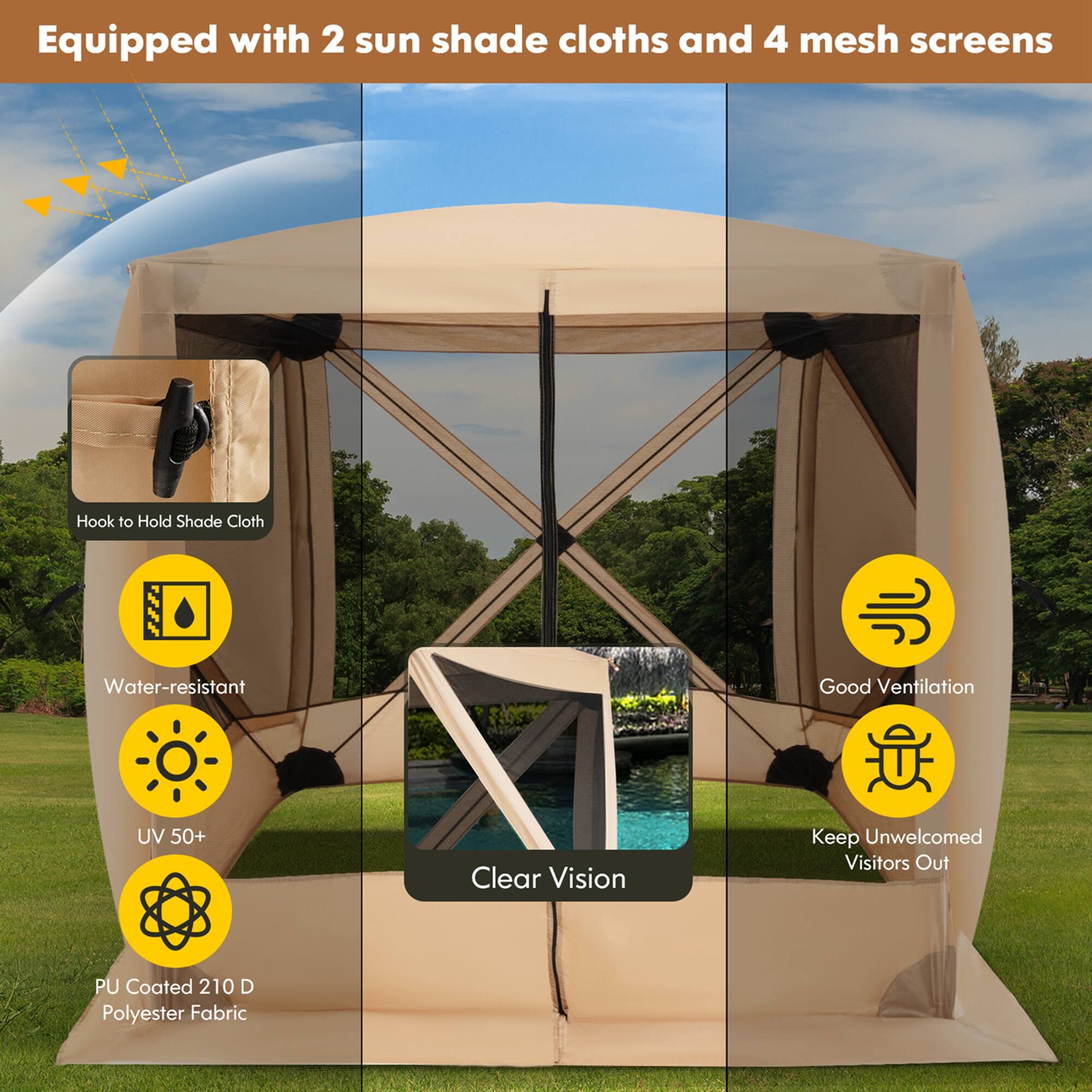The image features a tent that is equipped with two sun shade cloths and four mesh screens. The tent is designed to provide good ventilation and UV protection, ensuring a comfortable and safe outdoor experience. The tent also has a clear vision feature, allowing users to enjoy the surroundings while staying protected from the elements. Additionally, the tent is made of PU coated 210D polyester fabric, providing durability and water resistance. The tent is also designed to keep unwelcomed visitors out, ensuring privacy and security for its occupants.