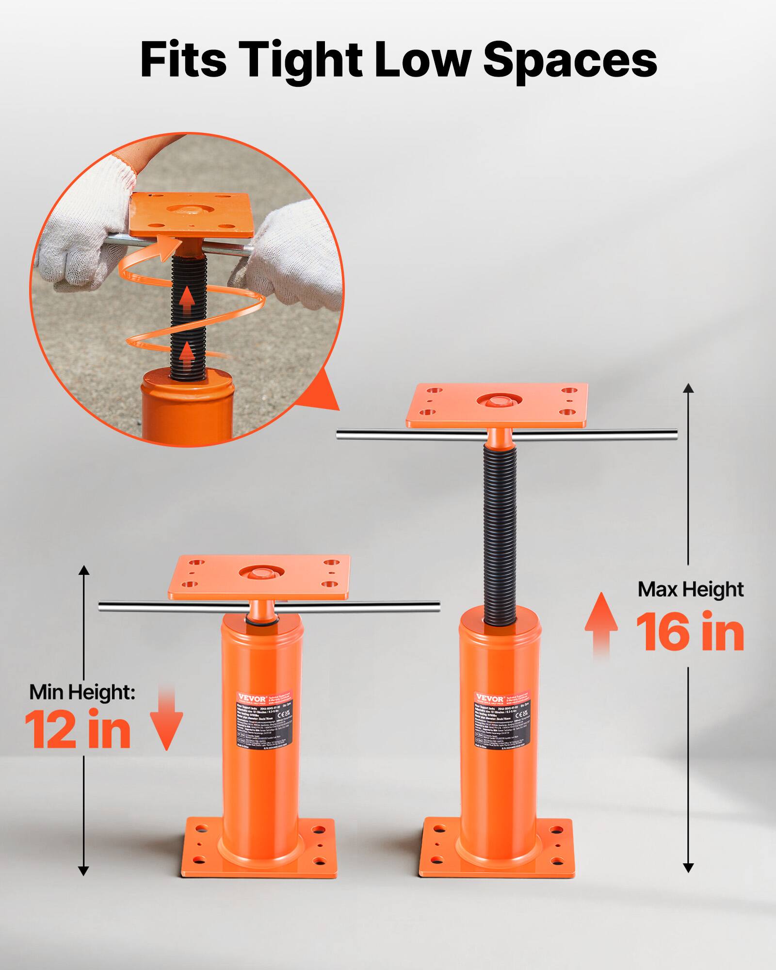 Fits Tight Low Spaces  
Max Height: 16 in  
Min Height: 12 in  
VEVOR