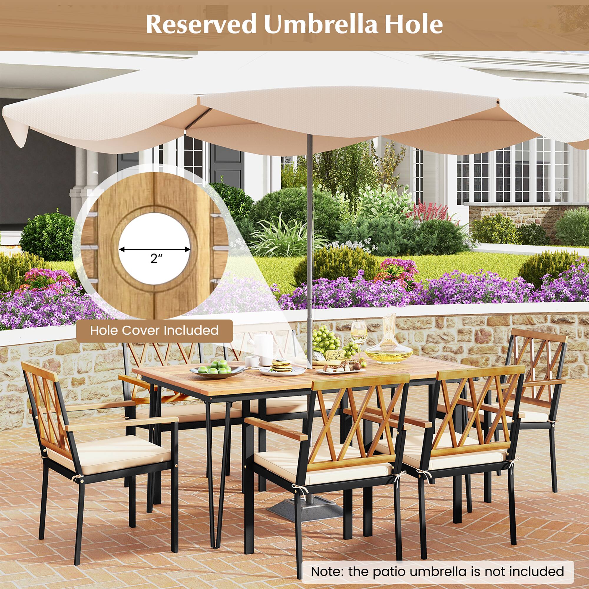 Reserved Umbrella Hole, 2" Hole Cover Included, Note: the patio umbrella is not included