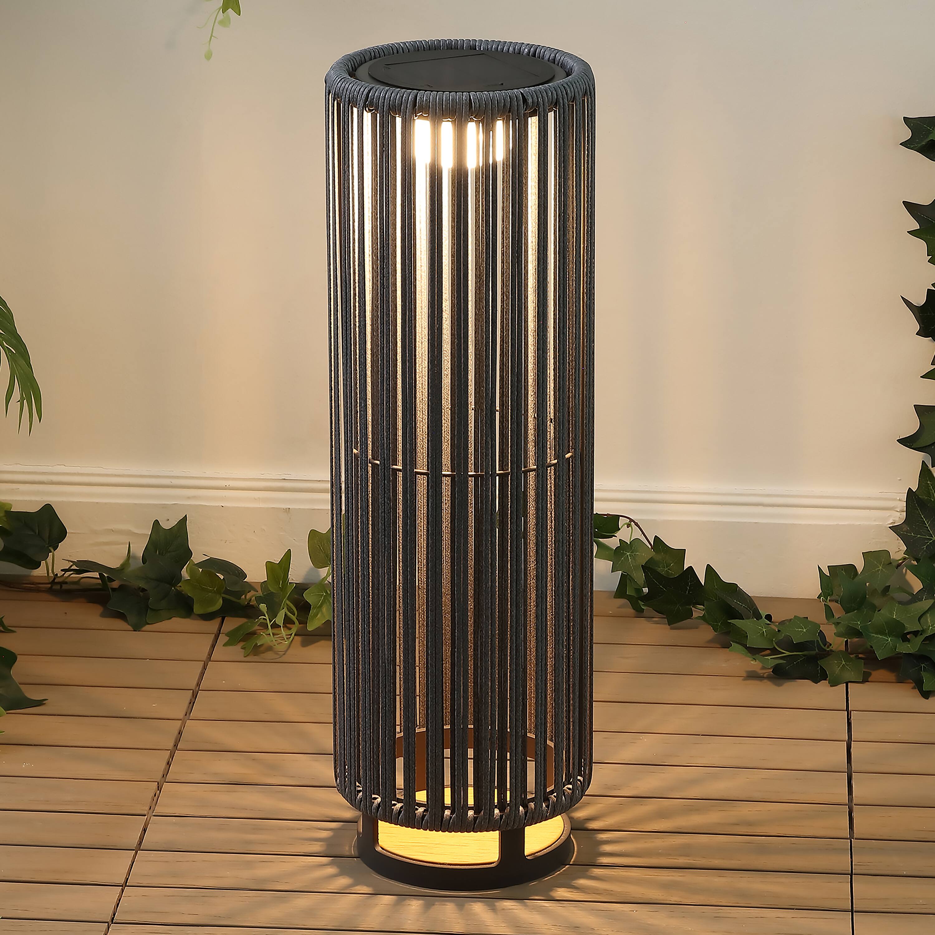 Alt View 1. Jonathan Y - Sawara 26.75" Modern Minimalist Faux Rattan Integrated Indoor/Outdoor LED Solar Powered Lantern, Charcoal/Black - Black/Gray.
