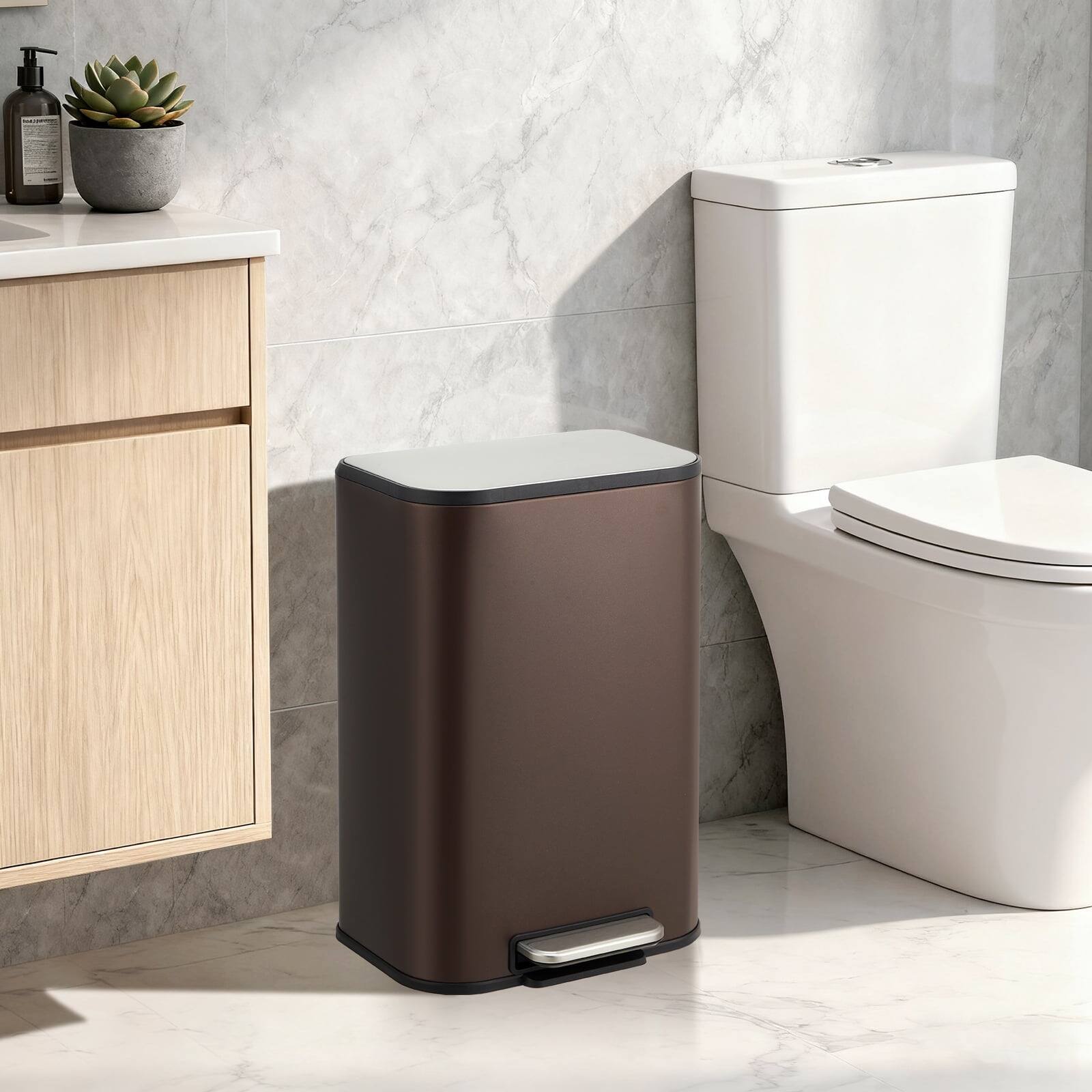 Angle. Homhougo - 8 Gallon Step Open Garbage Can, Stainless Steel Waste Bin with Removable Inner Bucket for Kitchen, Office - Brown 12L.