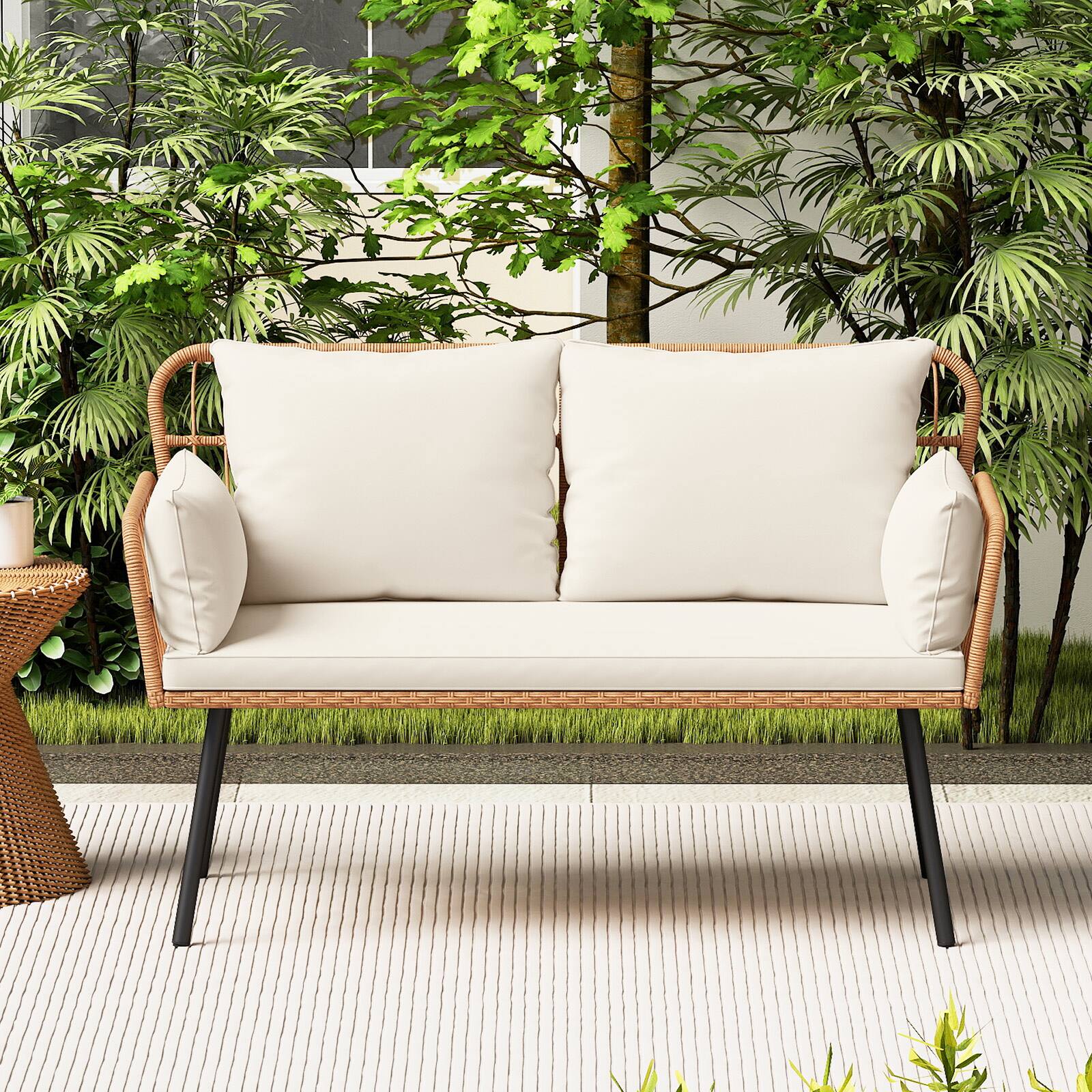 Alt View 4. Gymax - Gymax Patio Wicker Loveseat Furniture w/Seat Back Cushions Heavy-Duty Metal Legs Outdoor White - White.