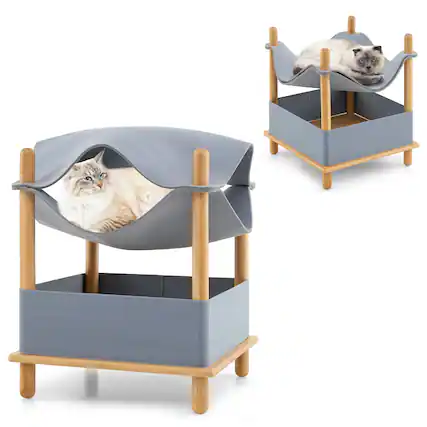 Front. Gymax - Gymax 2-Tier Elevated Cat Bed Cat Tower w/ Dual-Layer Felt Fabric Top Condo Hammock - Natural, Gray.