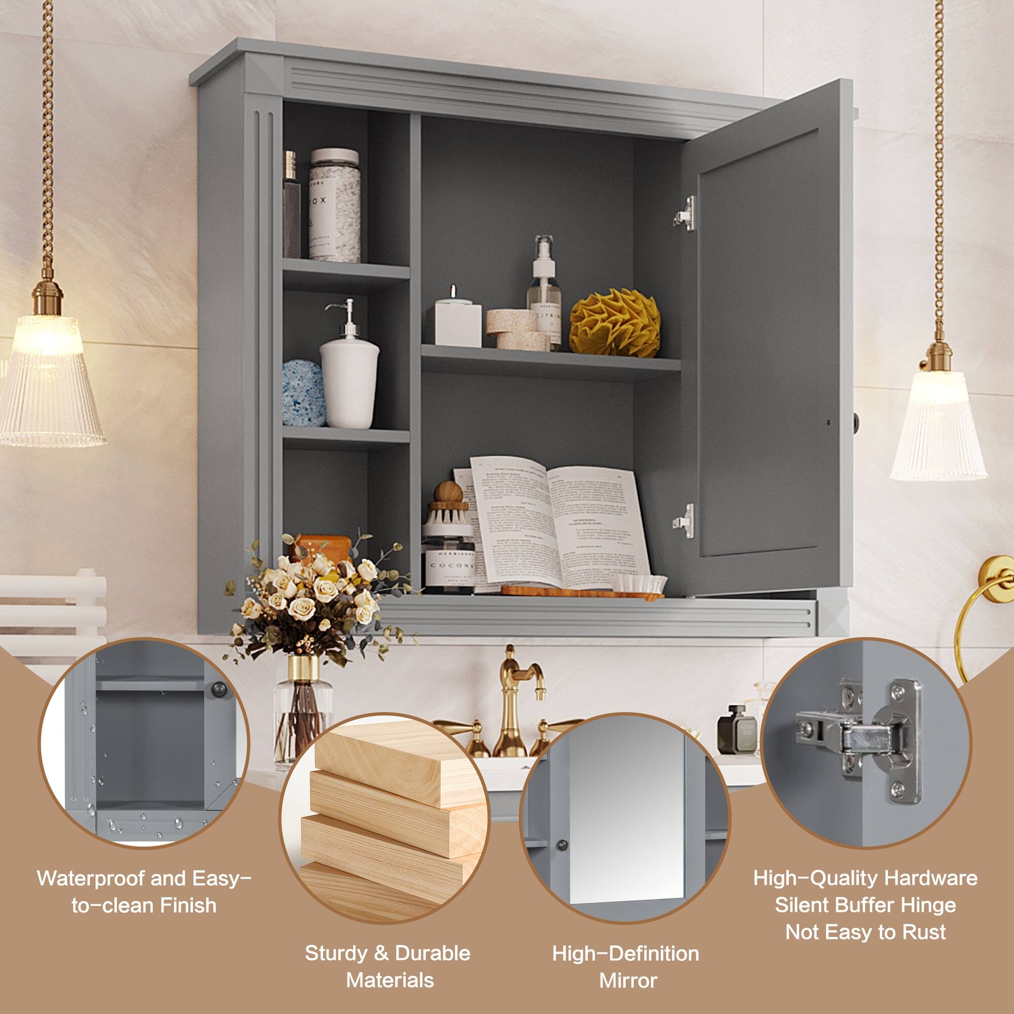 - Waterproof and Easy-to-clean Finish
- Sturdy & Durable Materials
- High-Quality Hardware
- Silent Buffer Hinge
- Not Easy to Rust
- High-Definition Mirror