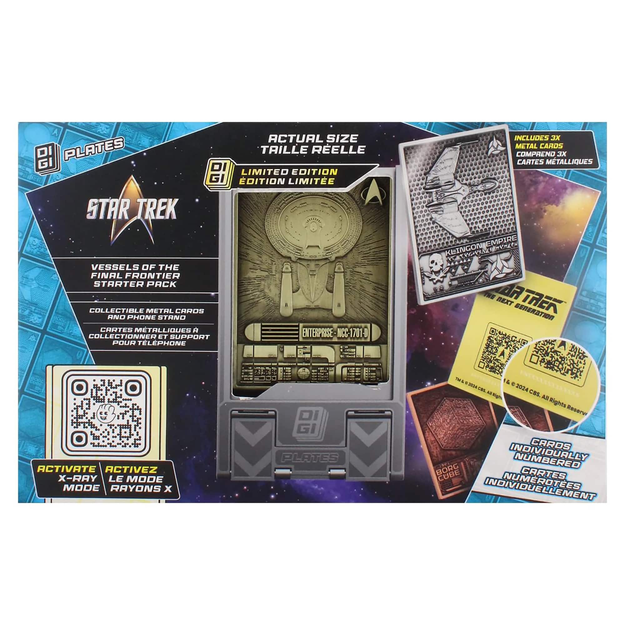 The image features a Star Trek collectible metal card set, which includes a phone stand and a starter pack. The set is limited edition and comes with a collection of metal cards. The packaging includes a display of the Enterprise and a cardboard box with a blue background. The set is designed to be an interactive experience, with the cards being actual size and made of metal. The packaging also includes a phone stand and a collection of metal cards.