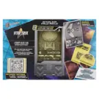The image features a Star Trek collectible metal card set, which includes a phone stand and a starter pack. The set is limited edition and comes with a collection of metal cards. The packaging includes a display of the Enterprise and a cardboard box with a blue background. The set is designed to be an interactive experience, with the cards being actual size and made of metal. The packaging also includes a phone stand and a collection of metal cards.