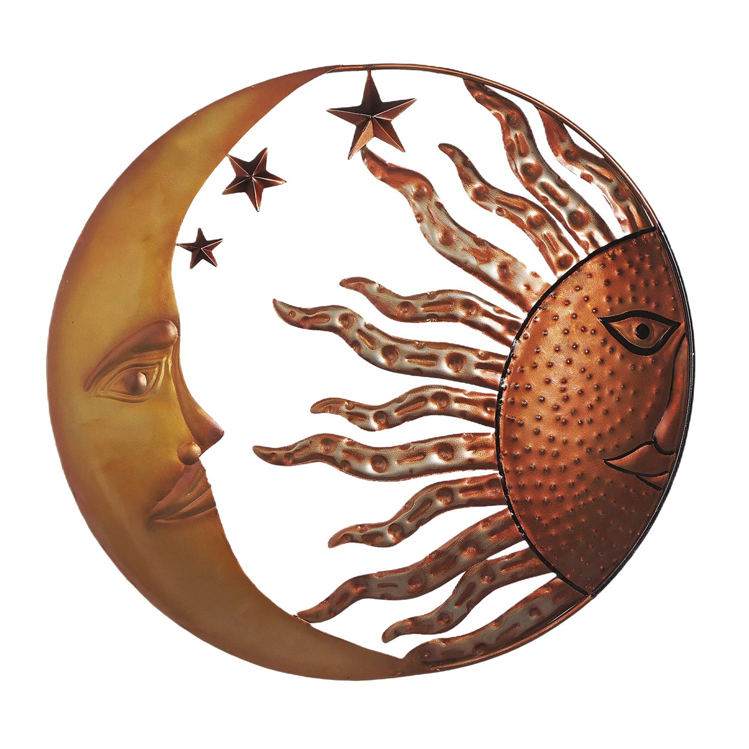 Front. Manhattan Lane - 21 Inch Handcrafted Sun and Moon Accent Wall Decor, Round Metal Wall Mount - Gold, Bronze.