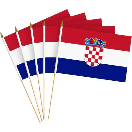 Front. G128 - 12-Pack Croatia Handheld Stick Flags, 8 x 12 in, 150D Polyester with Wooden Pole and Gold Spear Tip. - Assorted Colors.