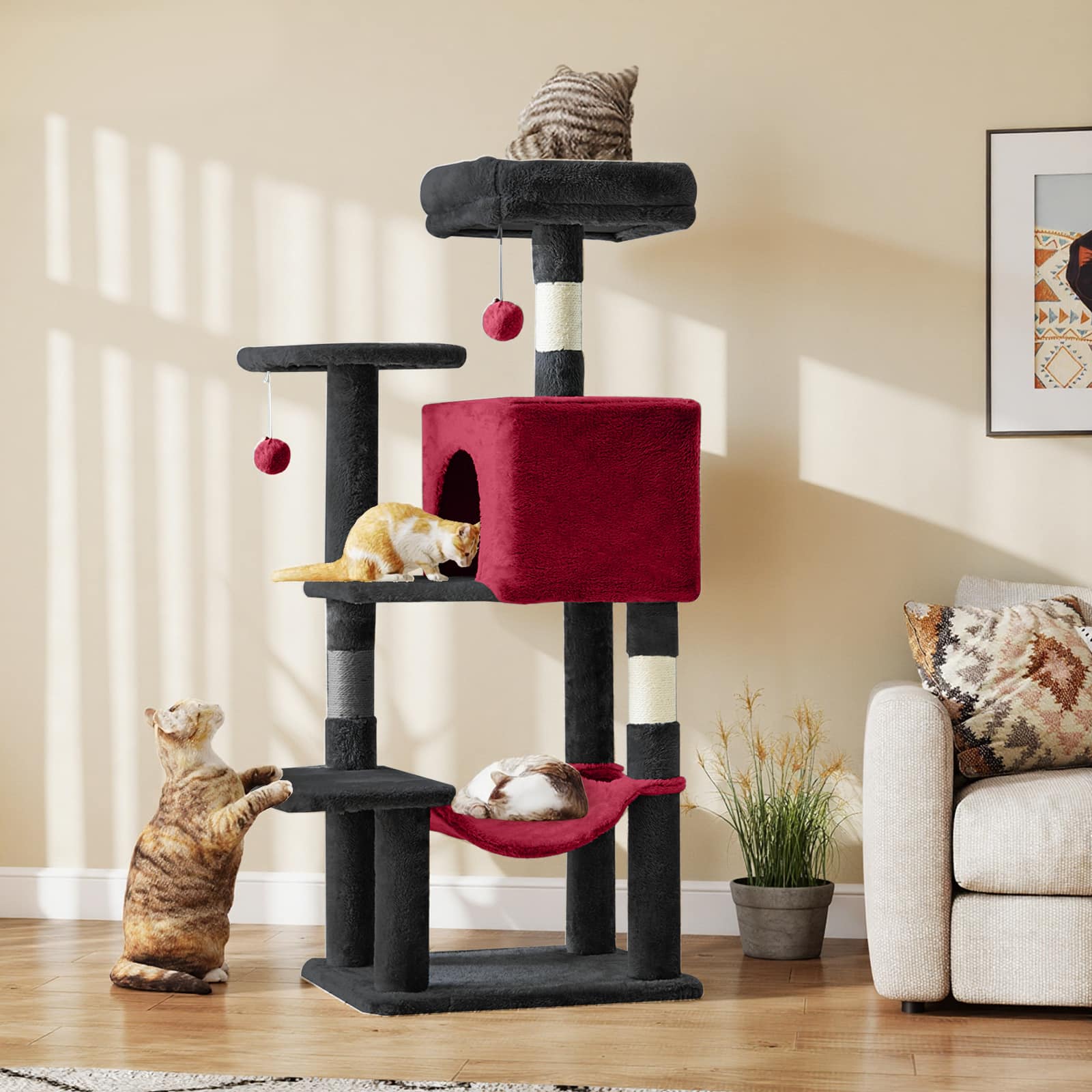 AENKYO - 44" Cat Tree Tower Multi-Cat Climbing Tower with Natural Sisal Scratching Posts, Extended Platform - Black Red