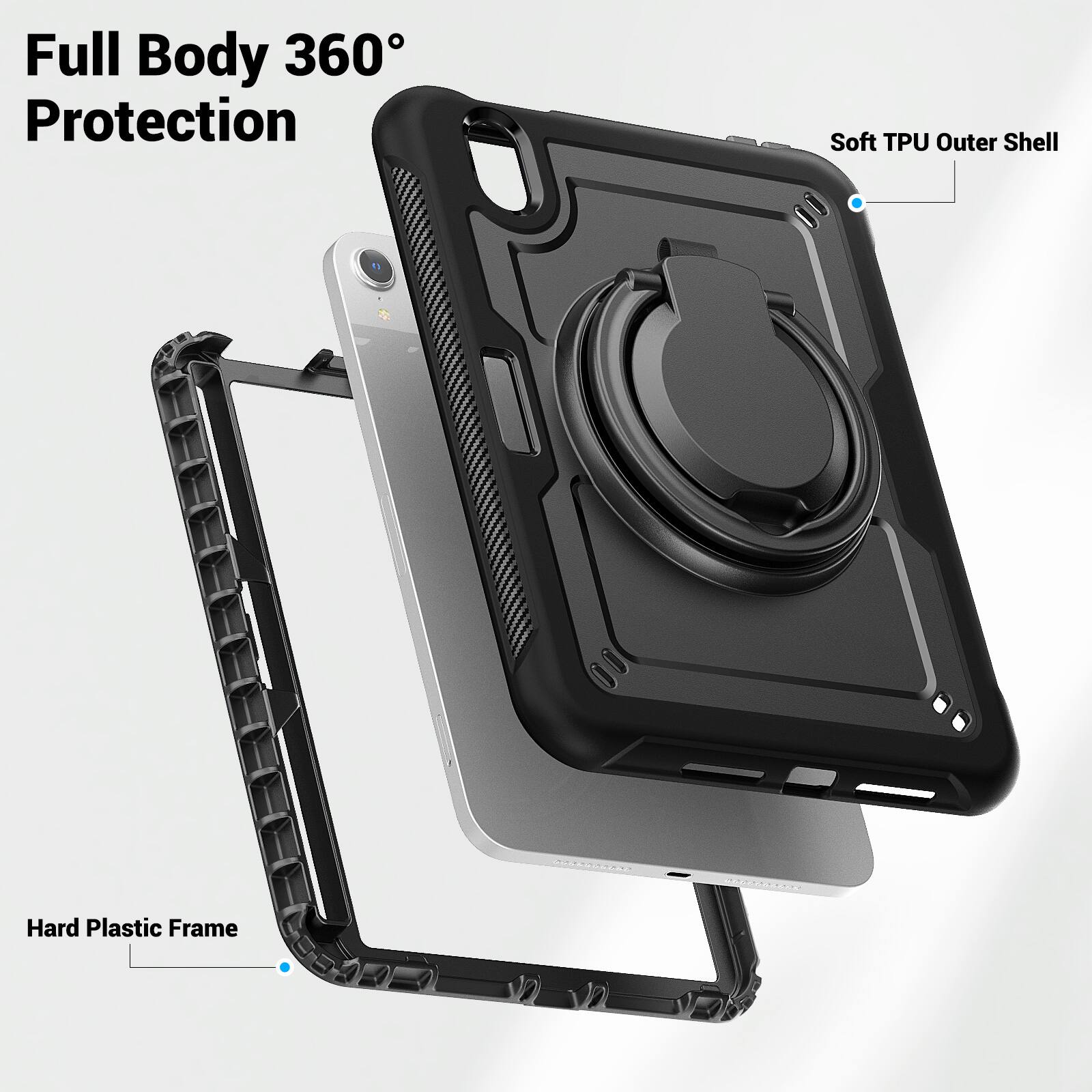 Full Body 360° Protection  
Soft TPU Outer Shell  
Hard Plastic Frame