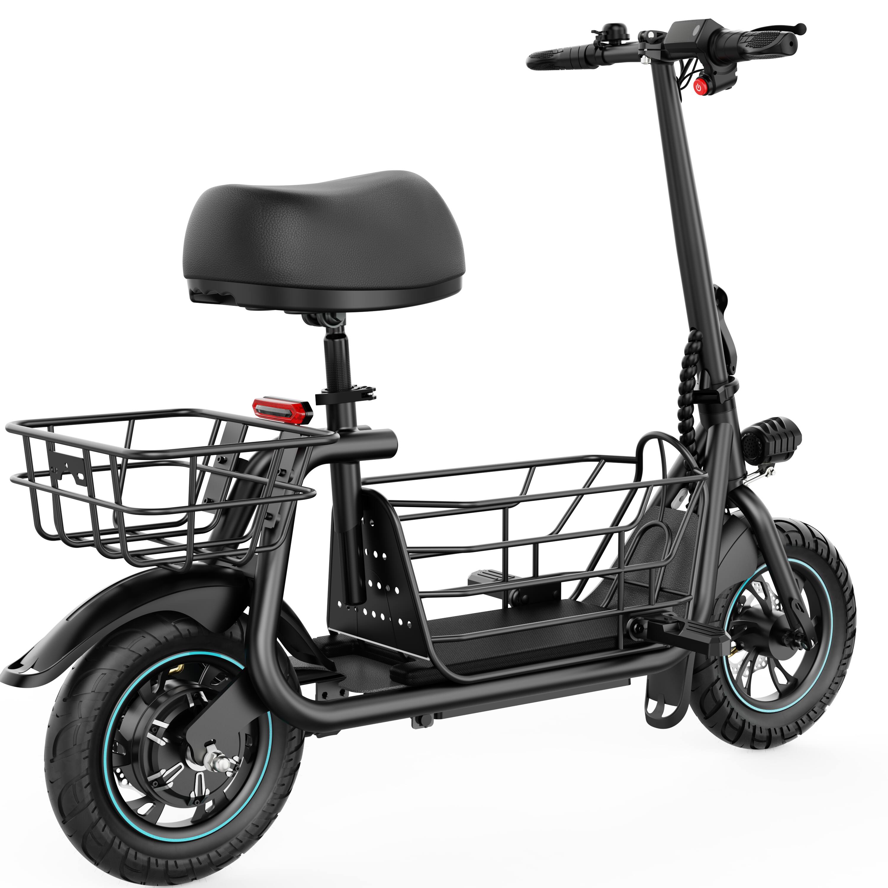 Left. MIHOVER - 550W Electric Scooter with Seat for Adults, 18.6MPH, 12-Inch Tires, 36V 7.8Ah Battery, Detachable Baskets, UL Certified - Black.