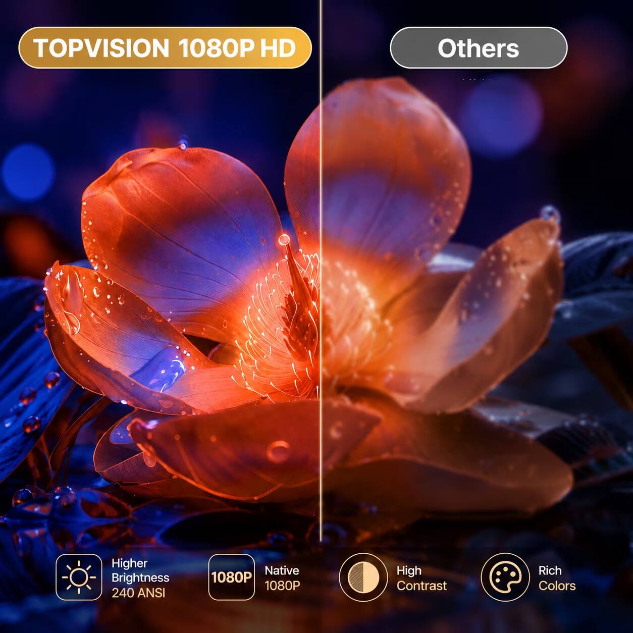 TOPVISION 1080P HD

Others

Higher Brightness 240 ANSI
Native 1080P
High Contrast
Rich Colors