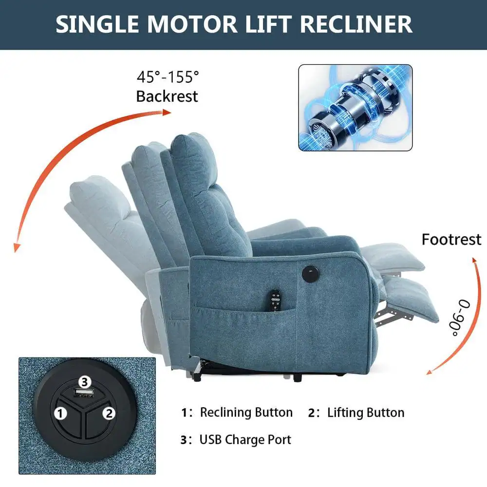 SINGLE MOTOR LIFT RECLINER

45°-155° Backrest

Footrest 0°-90°

1: Reclining Button
2: Lifting Button
3: USB Charge Port