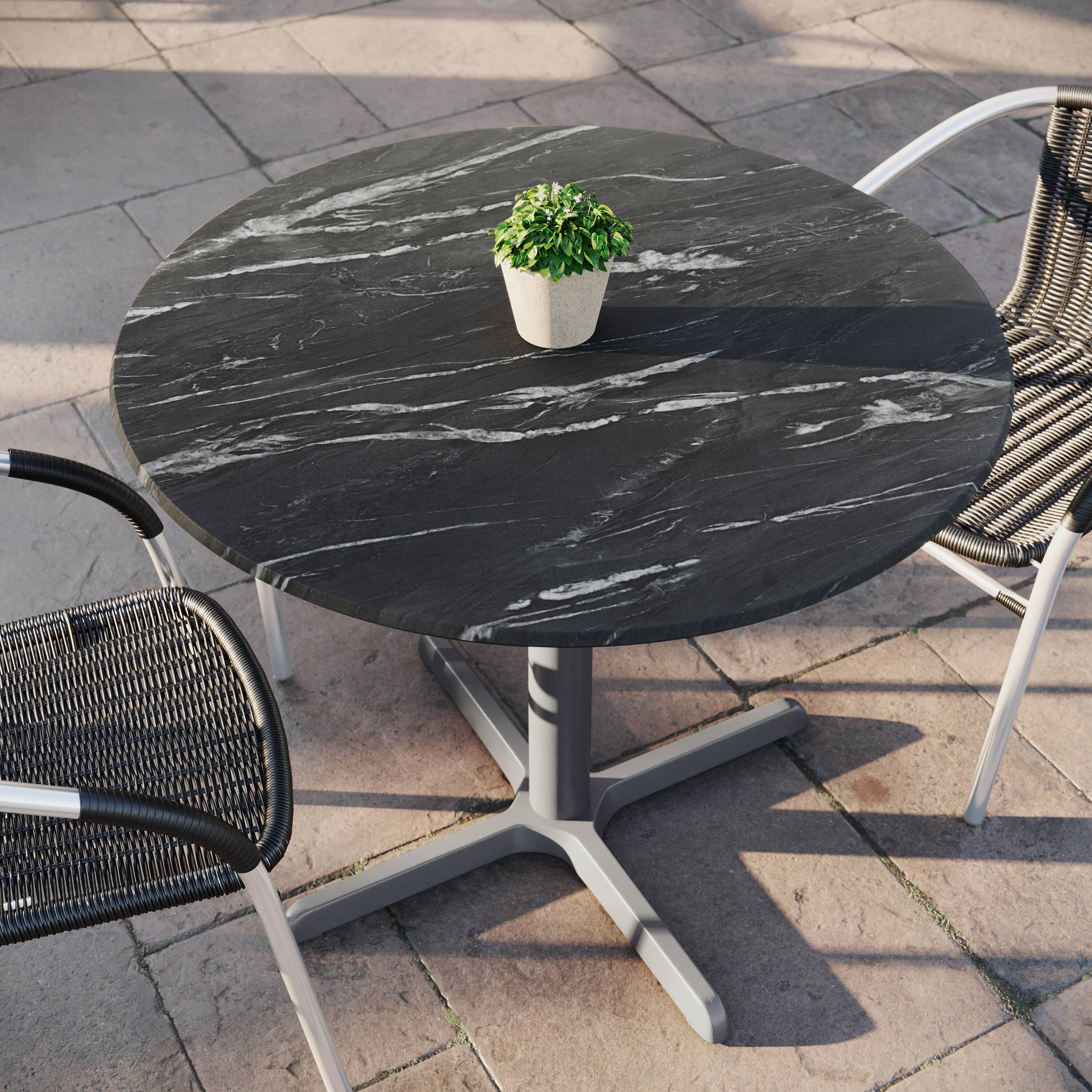 Alt View 4. Emma + Oliver - PureShield Indoor Outdoor Tabletop with Seam-Free Surface Innovation and Cast Iron Bistro Table Base - Black Faux Marble/Silver Base.