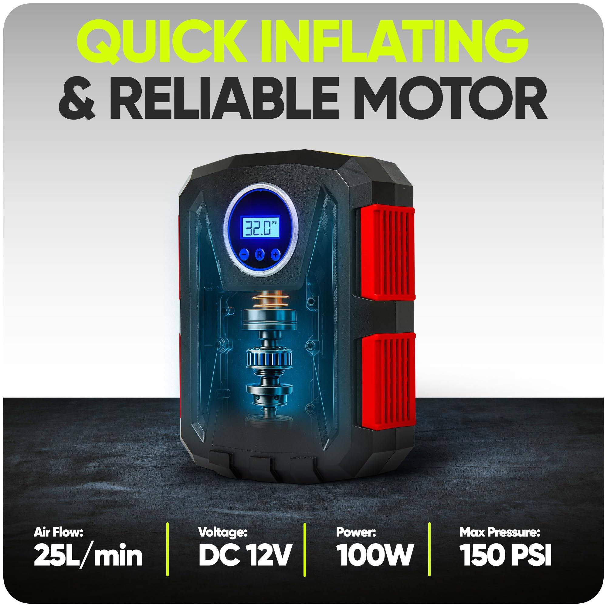 QUICK INFLATING & RELIABLE MOTOR

Air Flow: 25L/min  
Voltage: DC 12V  
Power: 100W  
Max Pressure: 150 PSI