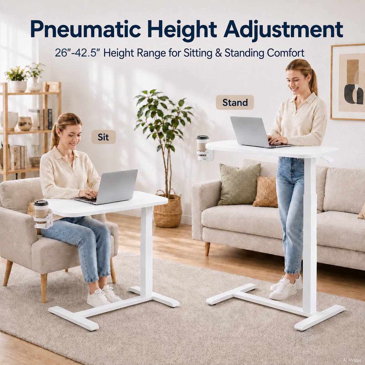 Pneumatic Height Adjustment  
26"-42.5" Height Range for Sitting & Standing Comfort  
Sit  
Stand