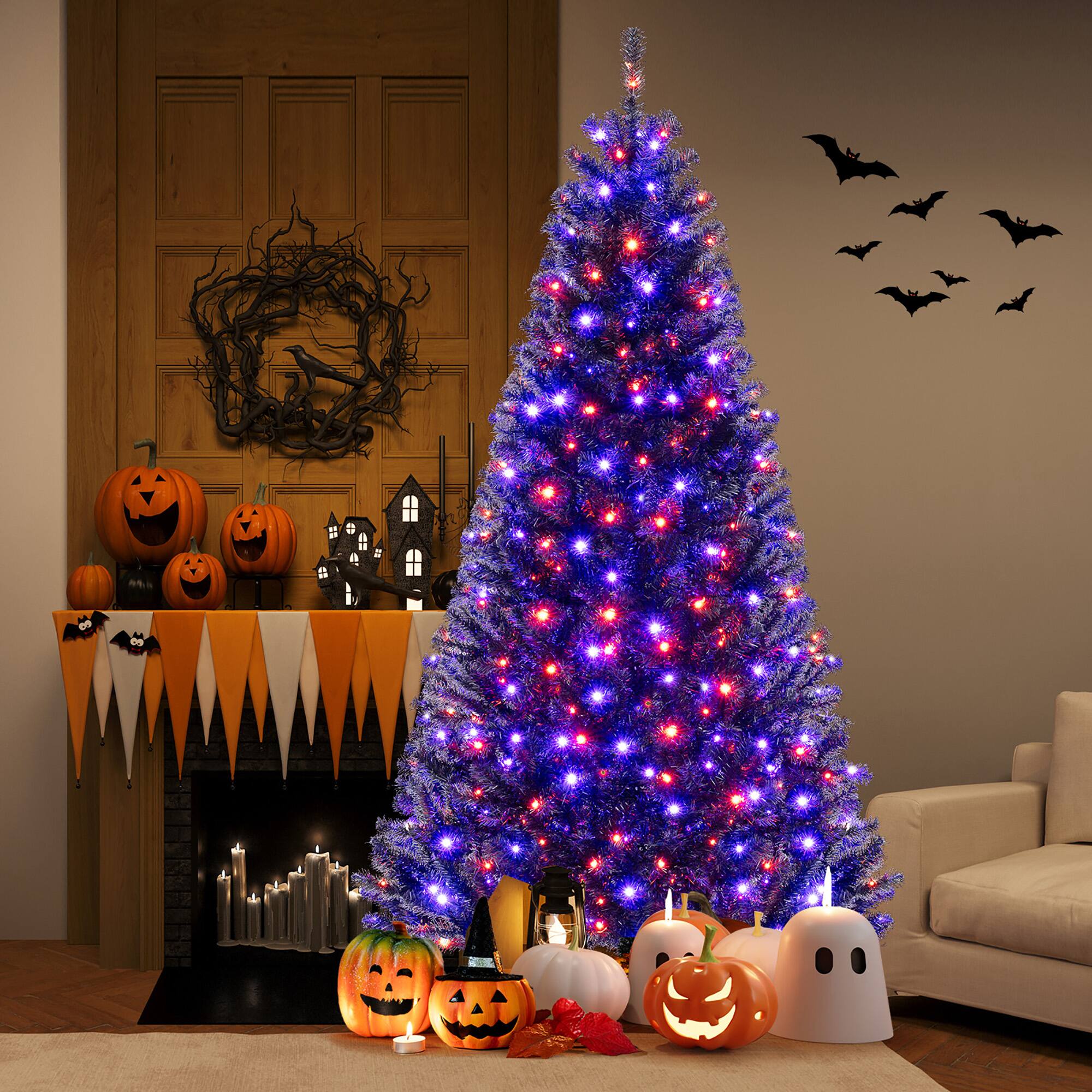 Front. Gymax - Gymax 8 Halloween Tree Artificial Decoration Tree w/1408 Branch Tips 6 Lighting Modes - Black.