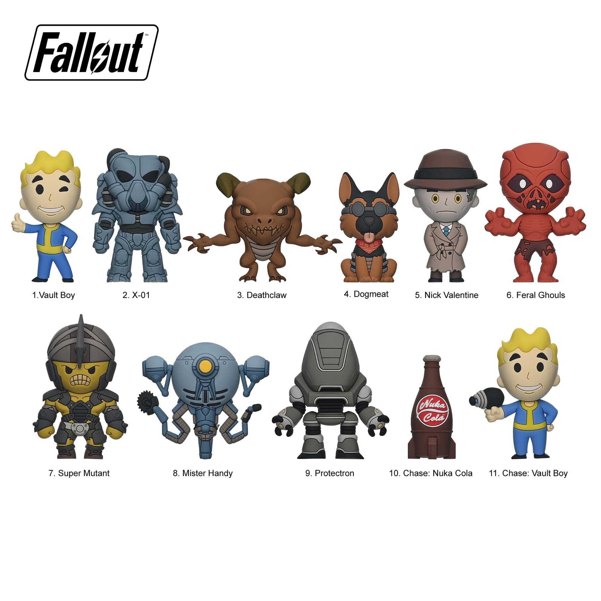 1. Vault Boy  
2. X-01  
3. Deathclaw  
4. Dogmeat  
5. Nick Valentine  
6. Feral Ghouls  
7. Super Mutant  
8. Mister Handy  
9. Protectron  
10. Chase: Nuka Cola  
11. Chase: Vault Boy